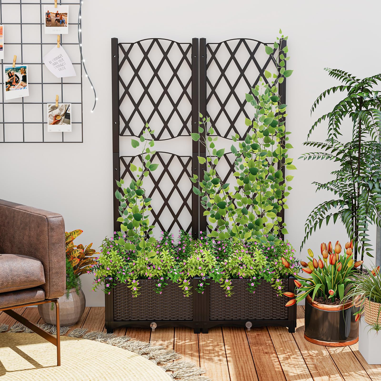 COSTWAY Maceta Elevada con Enrejado, Maceta para vides Verdura Hierbas Aromáticas, Maceta Elevada de Exterior con Auto Irrigación y Hoyos de Drenaje, para Jardín Patio Balcón (80 x 40 x 122 cm)
