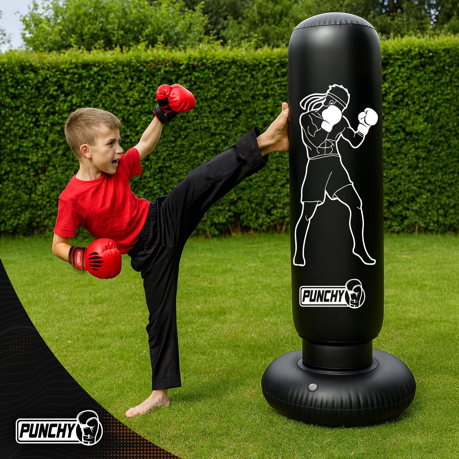 Punchy® Sacco da Box Gonfiabile per Bambini 160x55 cm | Set Boxe con Guantoni e Pompa | Giocattolo Attivo per Bambini e Bambine dai 5 Anni | Per Casa e Giardino | Aerobik®