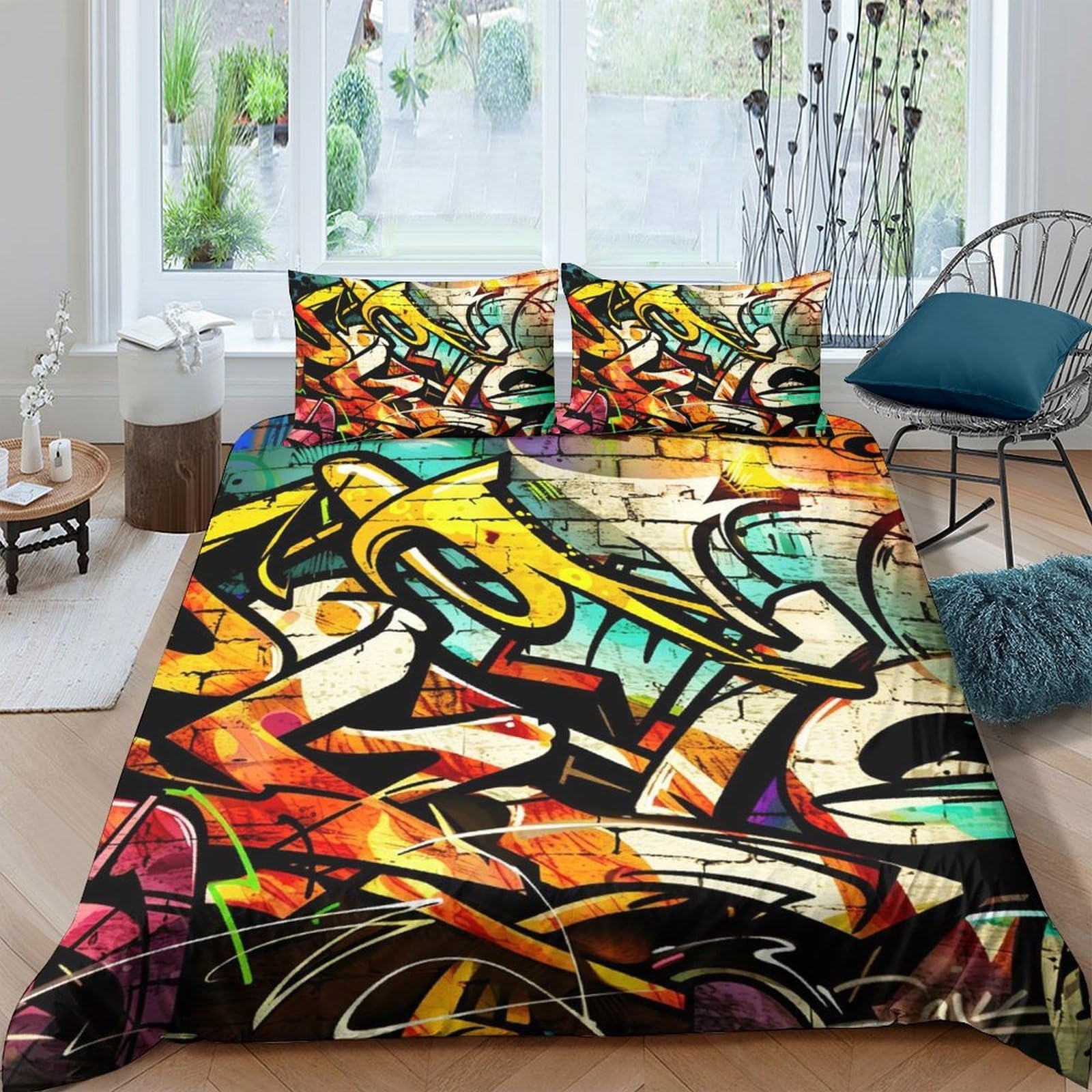 Ctjqhvkz Style-4 3D Printed Graffiti Art Fitted Sheet Microfiber Soft Colorful Urban Wall Mattress Cover For Bedroom Guest Room Decor Single（135X200cm）