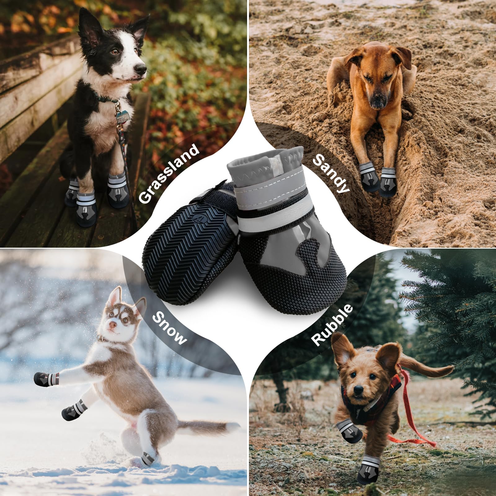 Set di 4 stivali per cani per zampe ferite, impermeabili, con cinghie riflettenti e suola antiscivolo, protezioni per zampe per cani di taglia piccola, media e grande (grigio, XL)