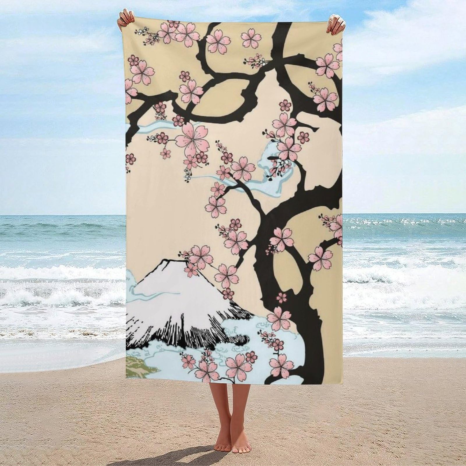 LEDFCVSU Beach Towel, Fuji Mountain Cherry Tree in Japan Bath Towel, Absorbent Towel for Swimming, Sports, Travel