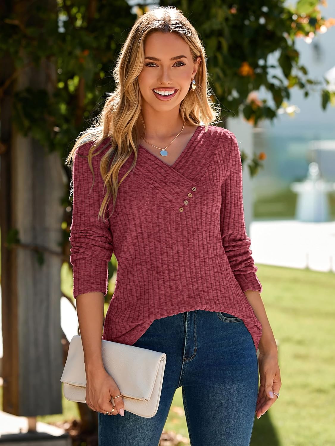 Glamaker Women's Fall Long Sleeve V Neck Tunic Tops Lightweight Button Casual Soft Loose Blouse Sweatshirts - Image 7