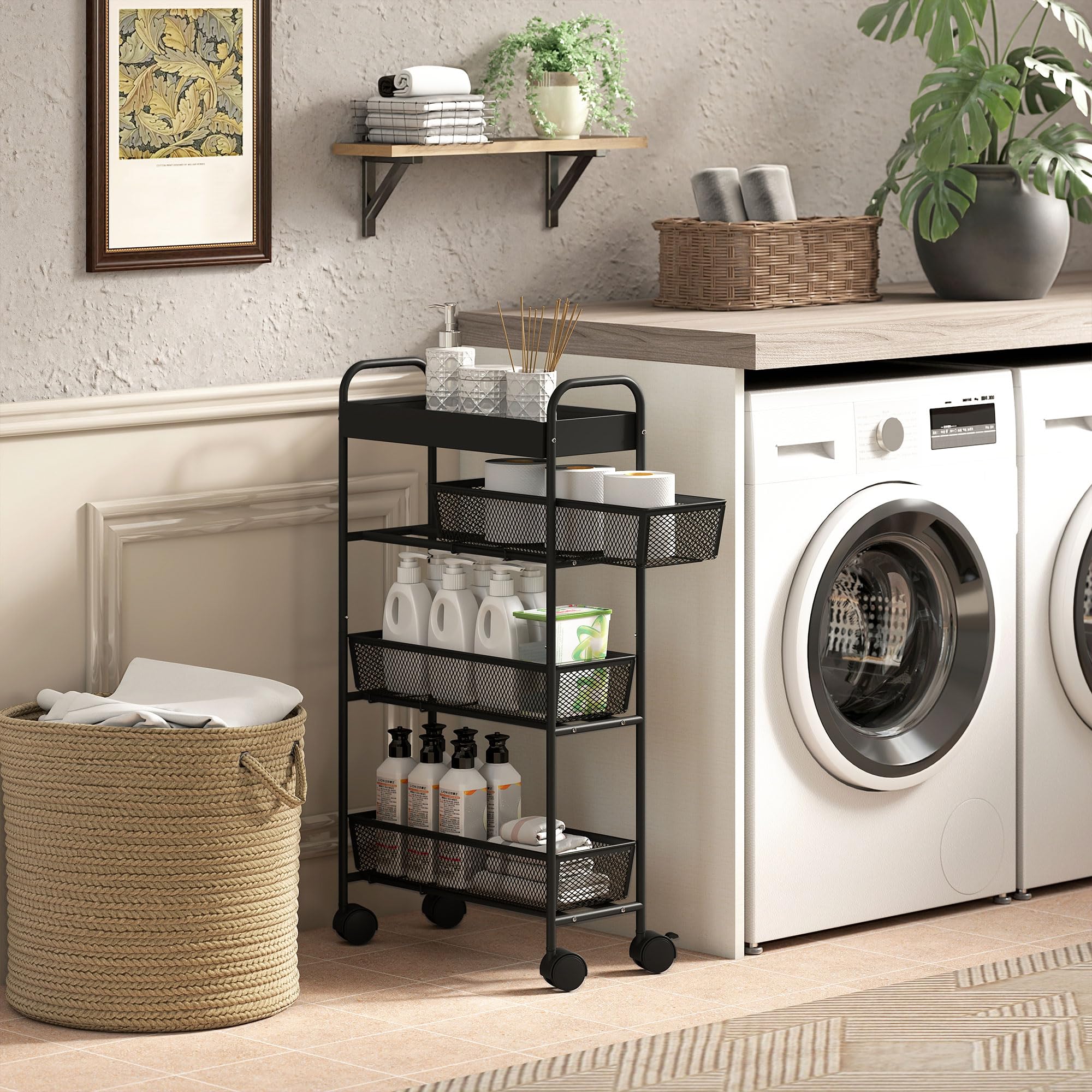 HOMCOM Chariot de rangement à 4 niveaux, 3 paniers coulissants, desserte à roulettes, panier supérieur et poignée, desserte cuisine multifonctionnel pour chambre, salon, bureau, 19 x 43,2 x 80 cm noir
