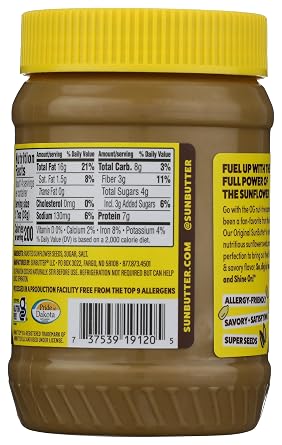 زبدة بذور عباد الشمس الأصلية من SunButter، 16 أونصة خالية من المكسرات مع 7 جرام من البروتين النباتي، نكهة غنية ولذيذة محمصة، ملمس ناعم | نباتي، كوشير وغير معدّل وراثيًا