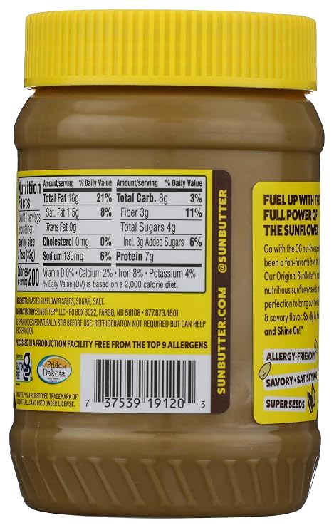 زبدة بذور عباد الشمس الأصلية من SunButter، 16 أونصة خالية من المكسرات مع 7 جرام من البروتين النباتي، نكهة غنية ولذيذة محمصة، ملمس ناعم | نباتي، كوشير وغير معدّل وراثيًا