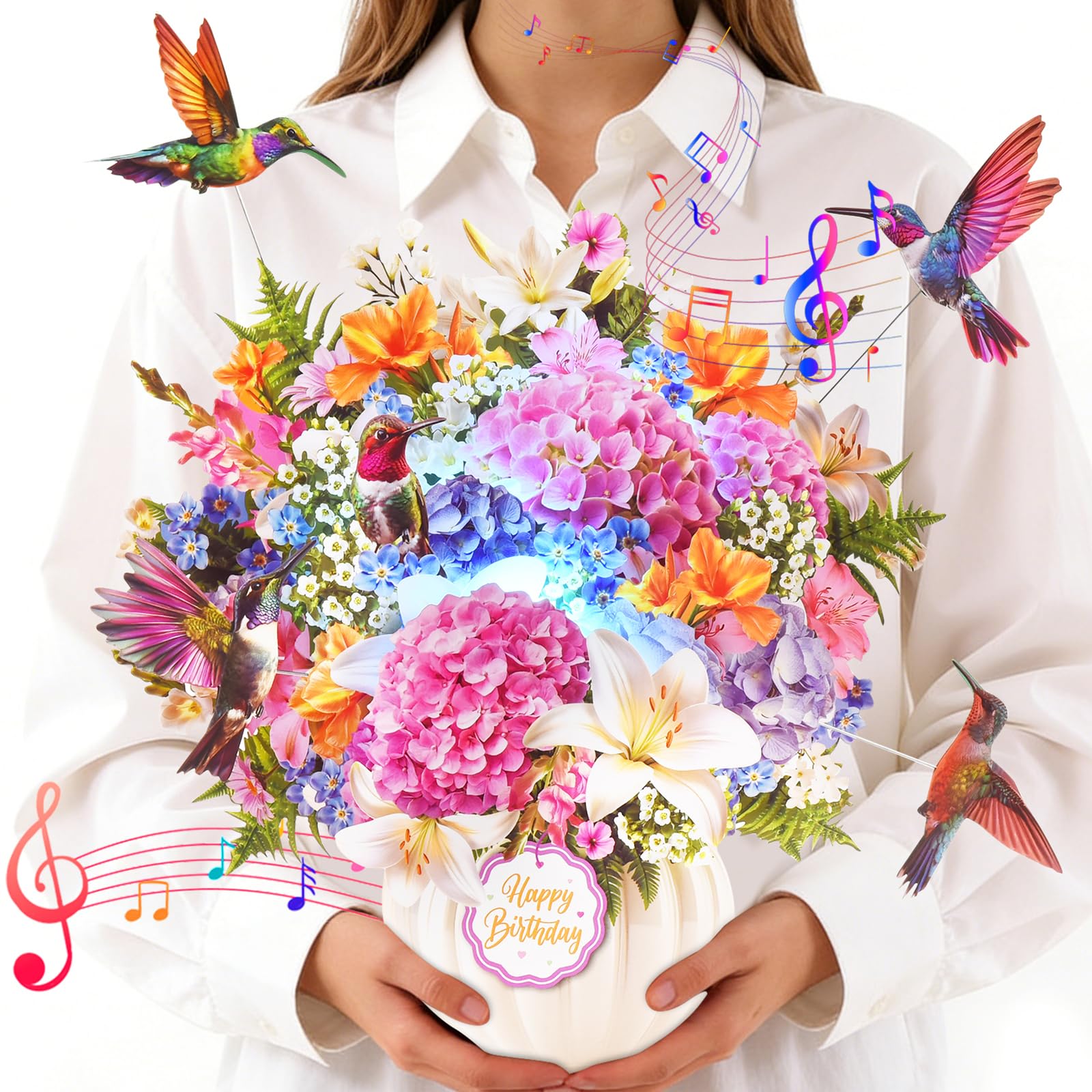 VIVIKEN Pop-Up-Geburtstagskarte mit Musik und Lichtern, 3D-ausziehbarer fliegender Kolibri, Blumenstrauß, Grußkarte, elegantes Blumengeburtstagsgeschenk mit Umschlag für Frauen, Ehefrau, Mutter