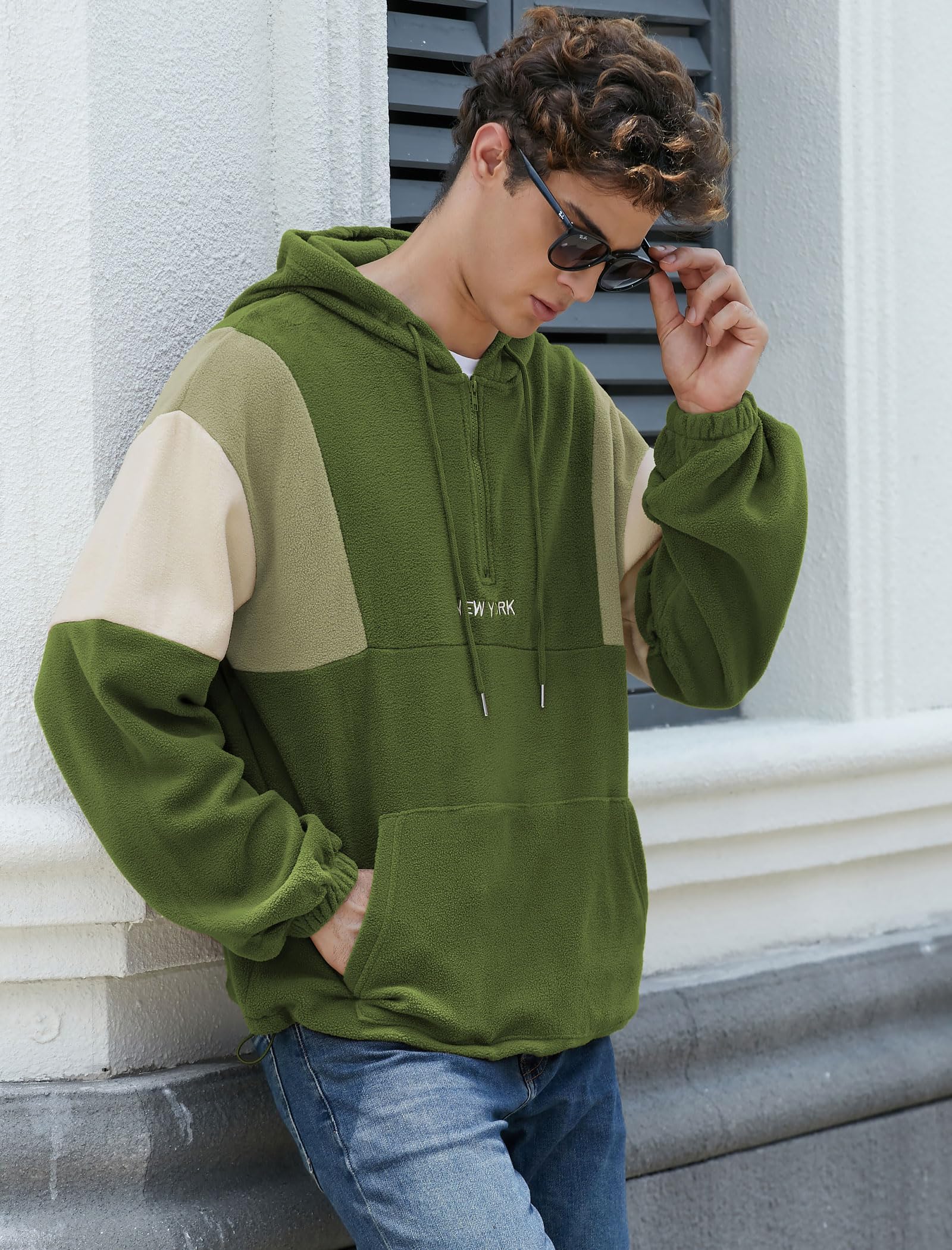 ZAFUL Felpa da uomo Colorblock NEW YORK con ricamo soffice pile polare mezza zip unisex felpa con cappuccio