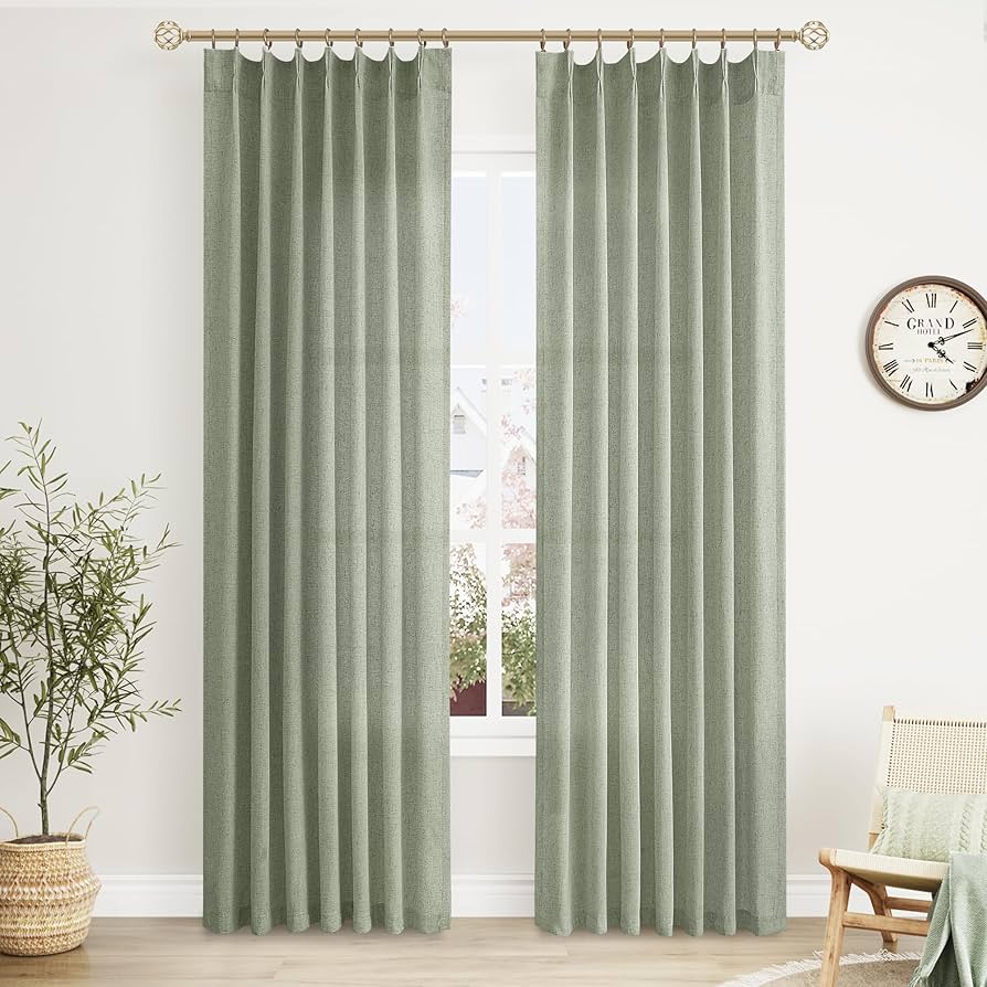 Amazon｜セージグリーンピンチプリーツリネンカーテン長さ84インチ2