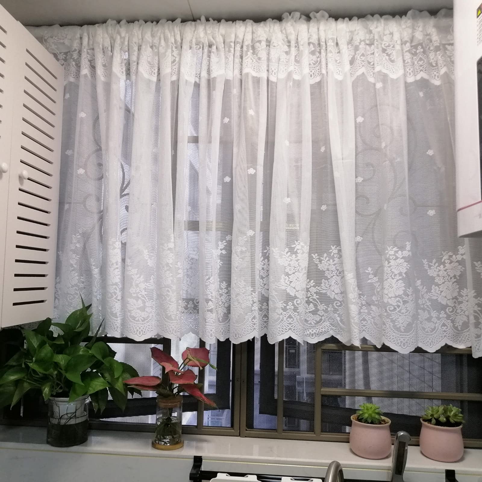RUSTOO Tenda In Pizzo Per Mezza Finestra 130x41 Cm – Tenda Trasparente Per Cucina, Bar, Soggiorno – Beige, Moderna E Stratificata - 4