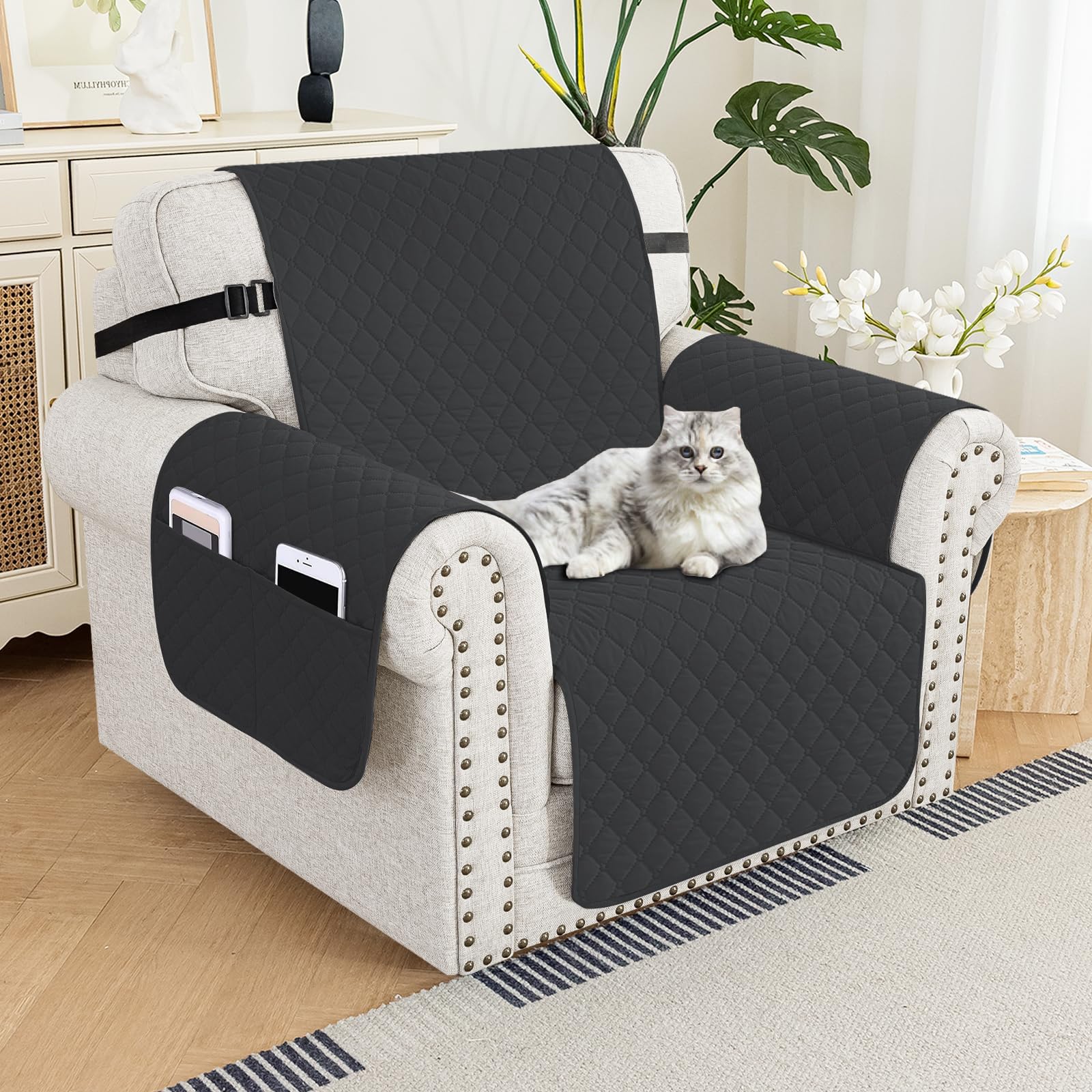 XINEAGE Quilted Chair Sofa Cover Waterproof Chair Covers for Armchair, Super Soft Washable Slipcover with Pockets & Non-Slip Elastic Straps, Thick Furniture Protector (Chair, Black)