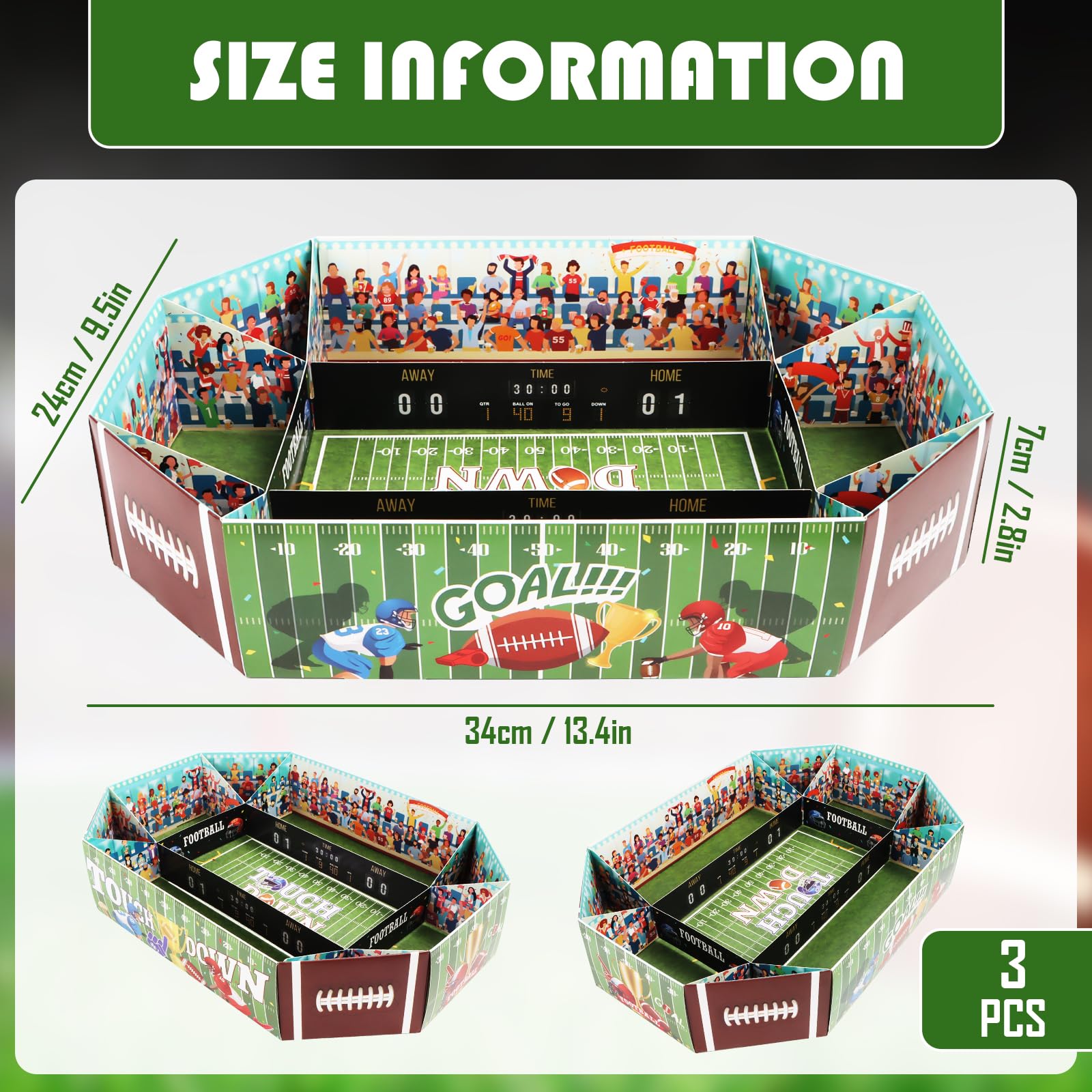 Lot de 3 grands stades de collation de football américain - Accessoires de fête de football américain - Plateau de service en papier - Super Snack Stade - Décoration pour les fans de football