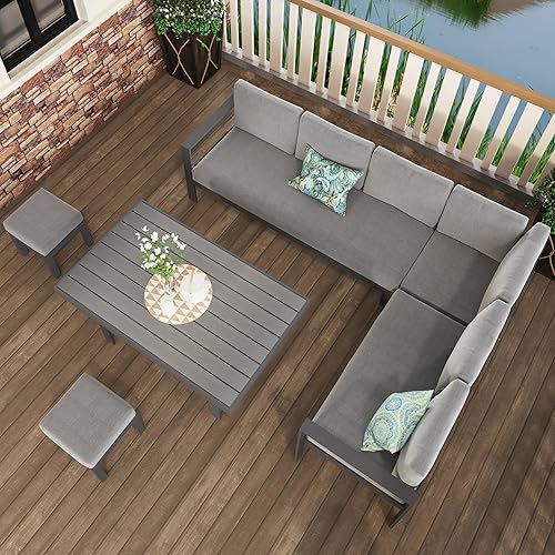 Miniatura 5 de Solaste Juego de 2 otomanas de patio al aire libre, taburetes de aluminio para exteriores con cojines, muebles de asiento pequeños para balcón,