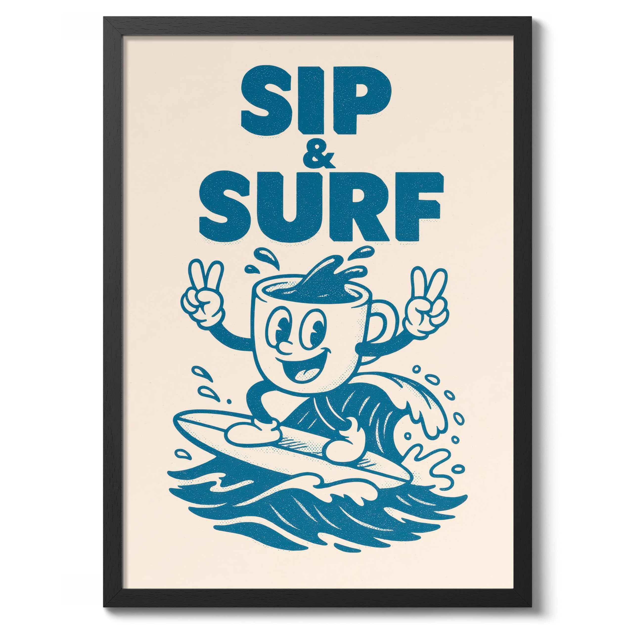 Sip & Surf Kitchen Wall Art, Modern Food Poster, Cartoon Mascot Prints, Kitchen Typographic Home Decor, A4 (Black Frame) - 32.7x24.1cm โ image 1