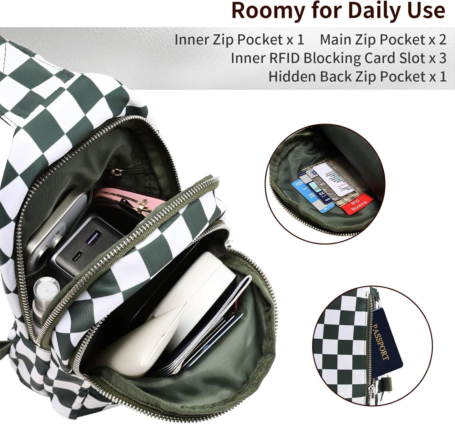 Small Checkered Sling Bag for Women, RFID Crossbody Bags Nylon Sling Backpack Purse for Travel (Beans Green Checkered) - Image 3
