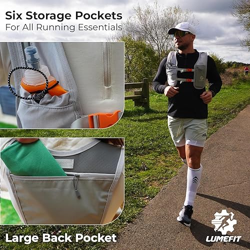 Miniatura 5 de LUMEFIT Chaleco para correr con soporte para teléfono, chaleco de hidratación con botella de agua, chaleco reflectante para hombres y mujeres,
