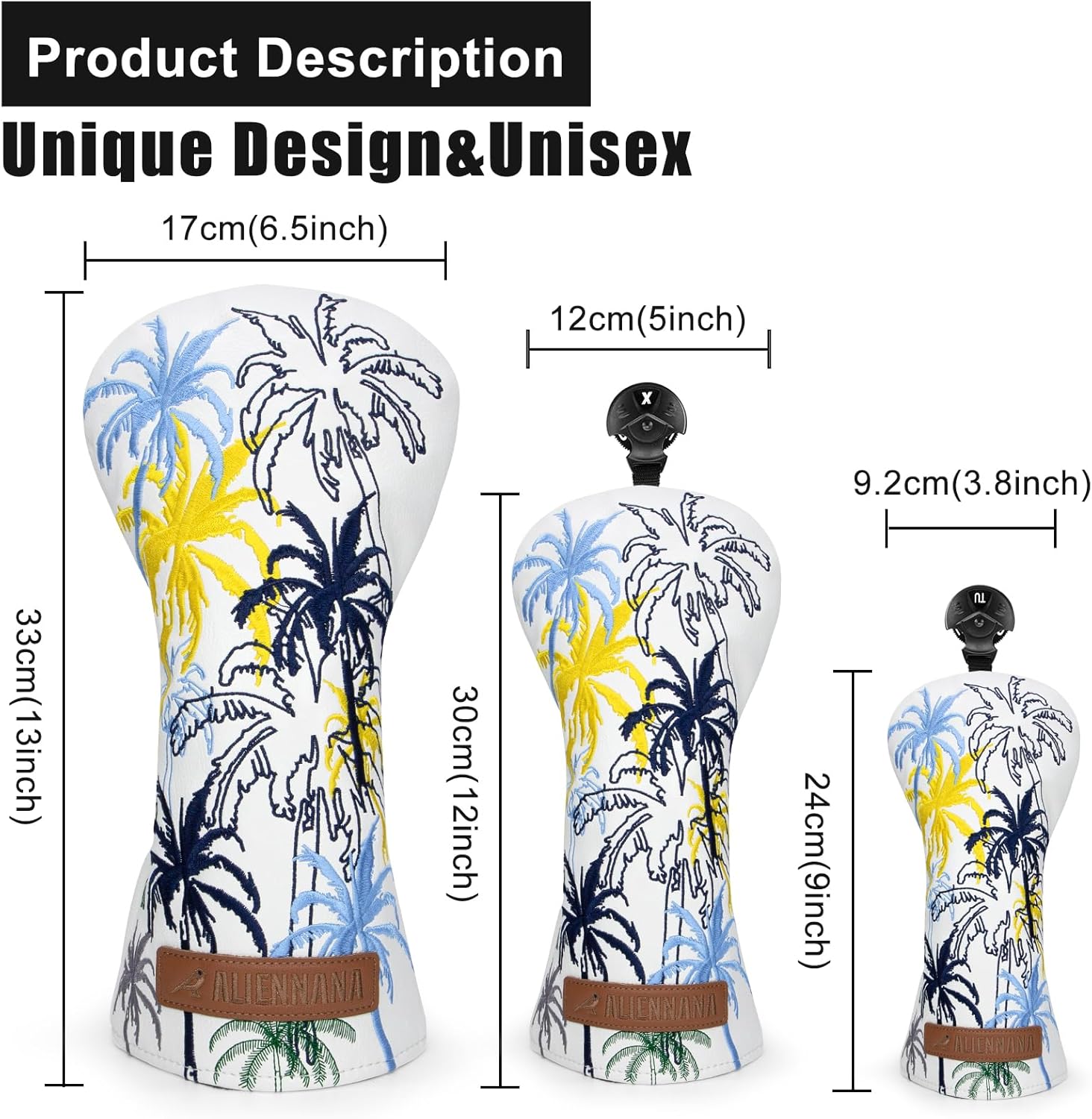 Golf Club Head Covers 3 Wood Headcover Hawaii Coconut Tree Style Elegant Embroidery Premium Leather Waterproof Driver Cover Fairway Wood Cover Hybrid Cover with Number Tags