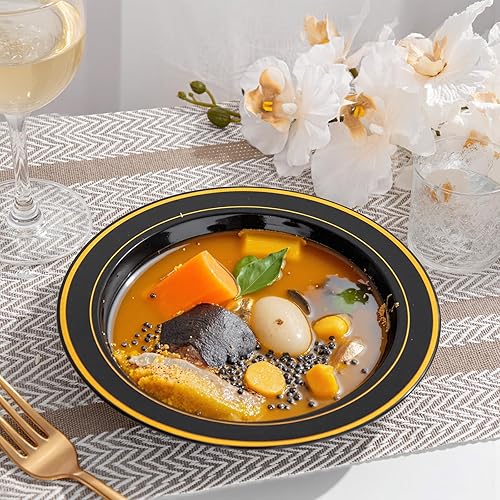 Miniatura 7 de bUCLA Paquete de 60 cuencos de plástico negros con borde dorado, cuencos de plástico de 12 onzas desechables para bodas, fiestas, reuniones y Año