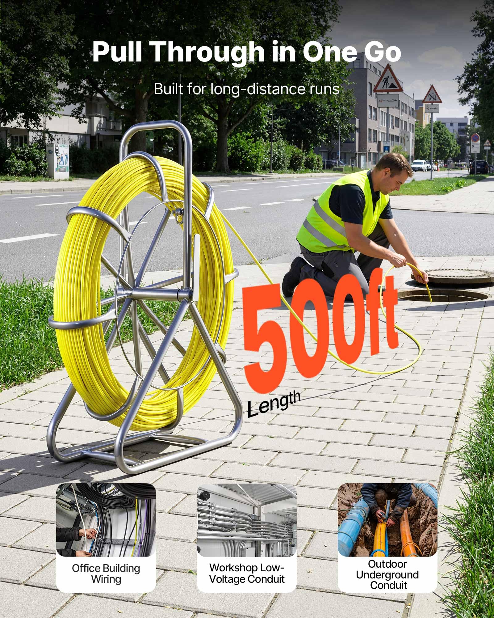 VEVOR Sonda Nastro in Fibra di Vetro Estrattore per Cavi di Vetro Diametro 6,3 m con Supporto Asta per Cavi Lunghezza 152 m Non Conduttivo, Tiracavi per Gestione di Cablaggio 2 Testine di Ricambio