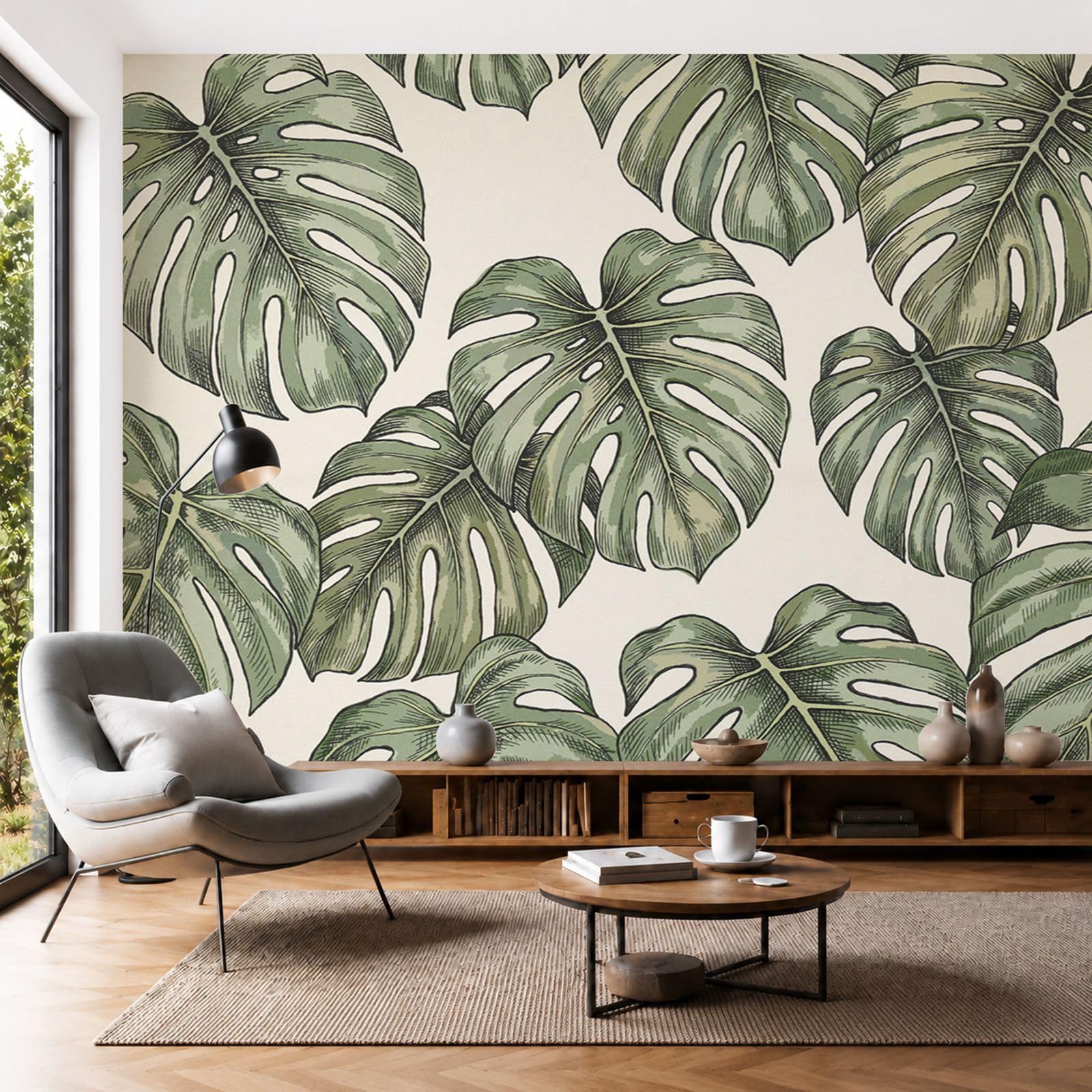 Papier Peint Panoramique Monstera Deliciosa pour créer un salon rétro tropical