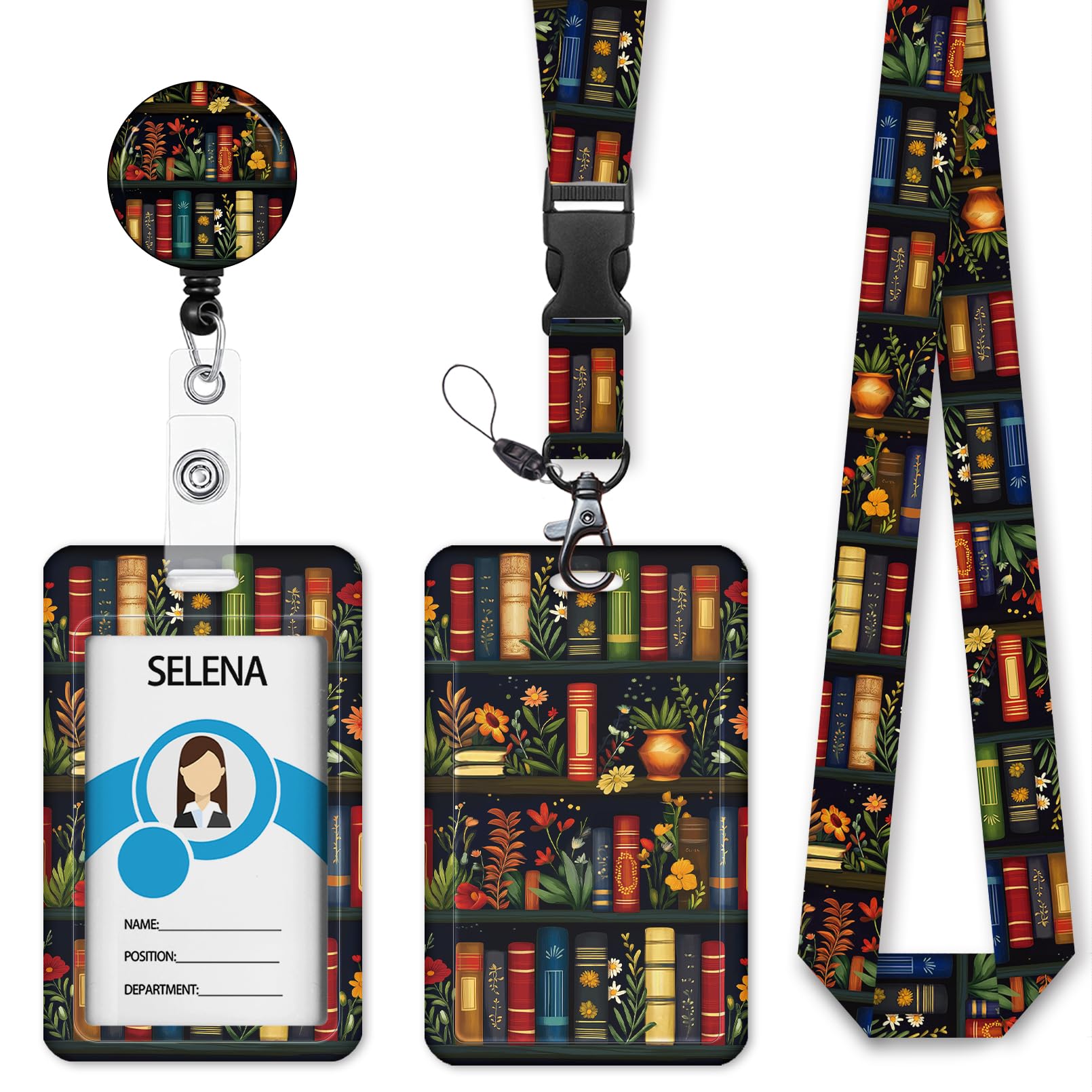 Floral Bookshelf Lanyards for ID Badges, Badge Holder with Lanyard Detachable, Badge Reel Retractable Keychain Clip, Cruise Ship Cards Holder