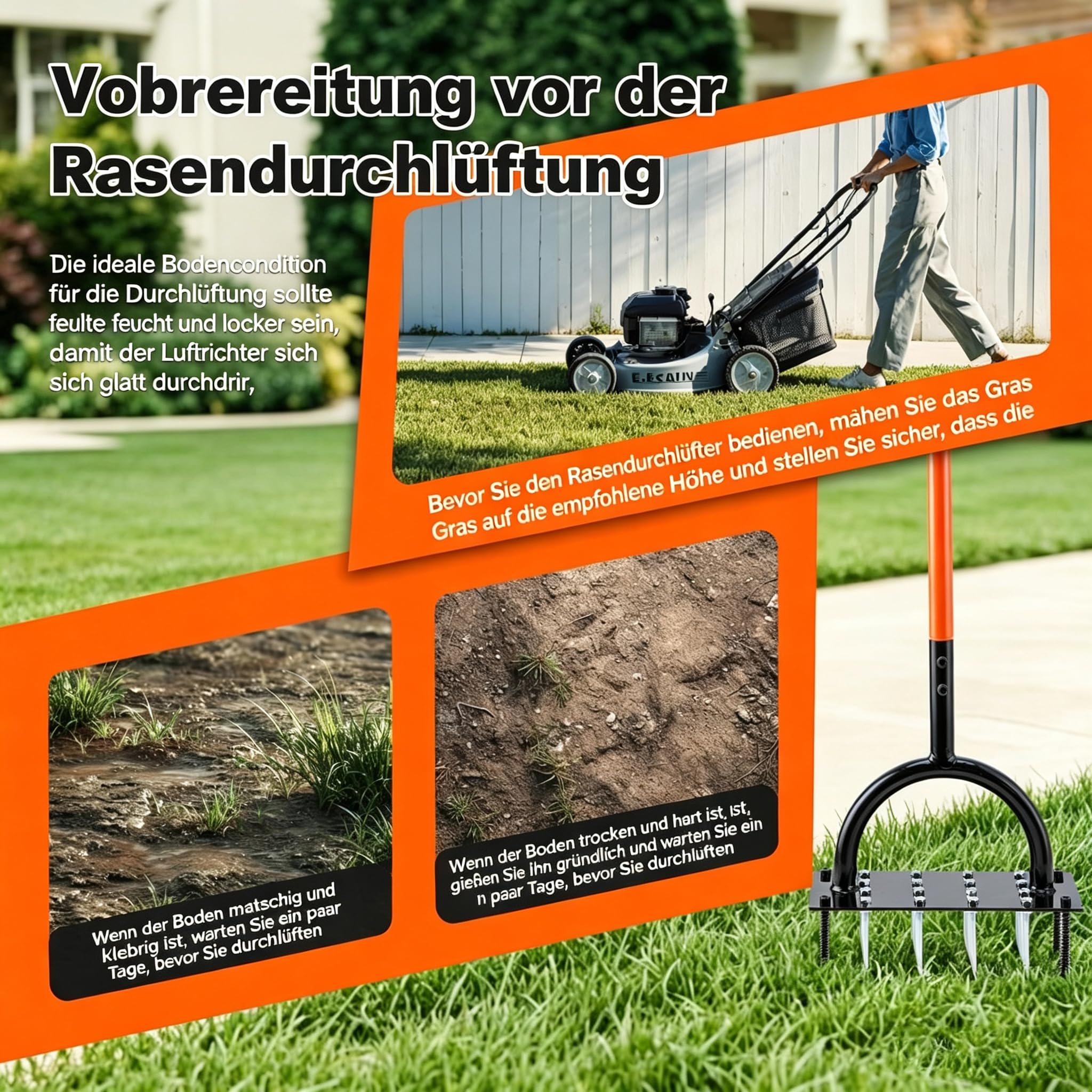 Rasenlüfter Aerifizierer für Rasen– Manuelles Rasen Belüften Gerät mit Doppelplatte, 16 Spikes& 4 Federn, T-Griff Rasenspecht für Verdichtete Böden, Garten & Rasenpflege