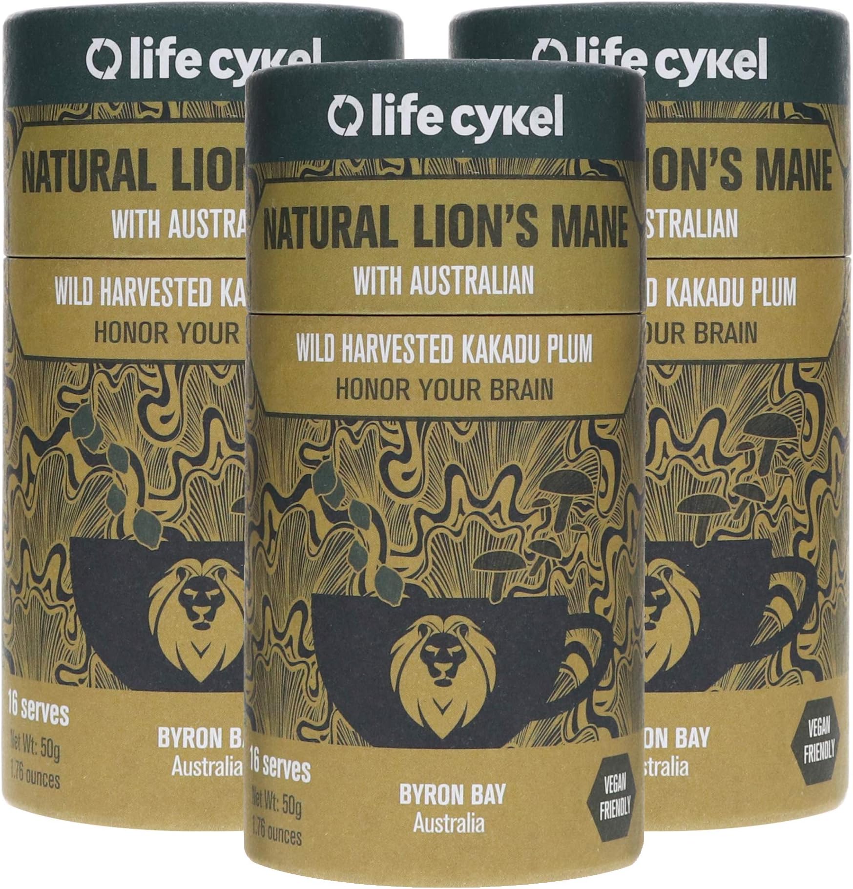 Life Cykel 100% Natural Lions Mane Mushroom with Australian Wild Harvested Kakadu Plum - 100% Focus, Memory, Creativity and Improved Restorative Sleep - Octane for the Brain - (16 Servings) - (3-Pack)
