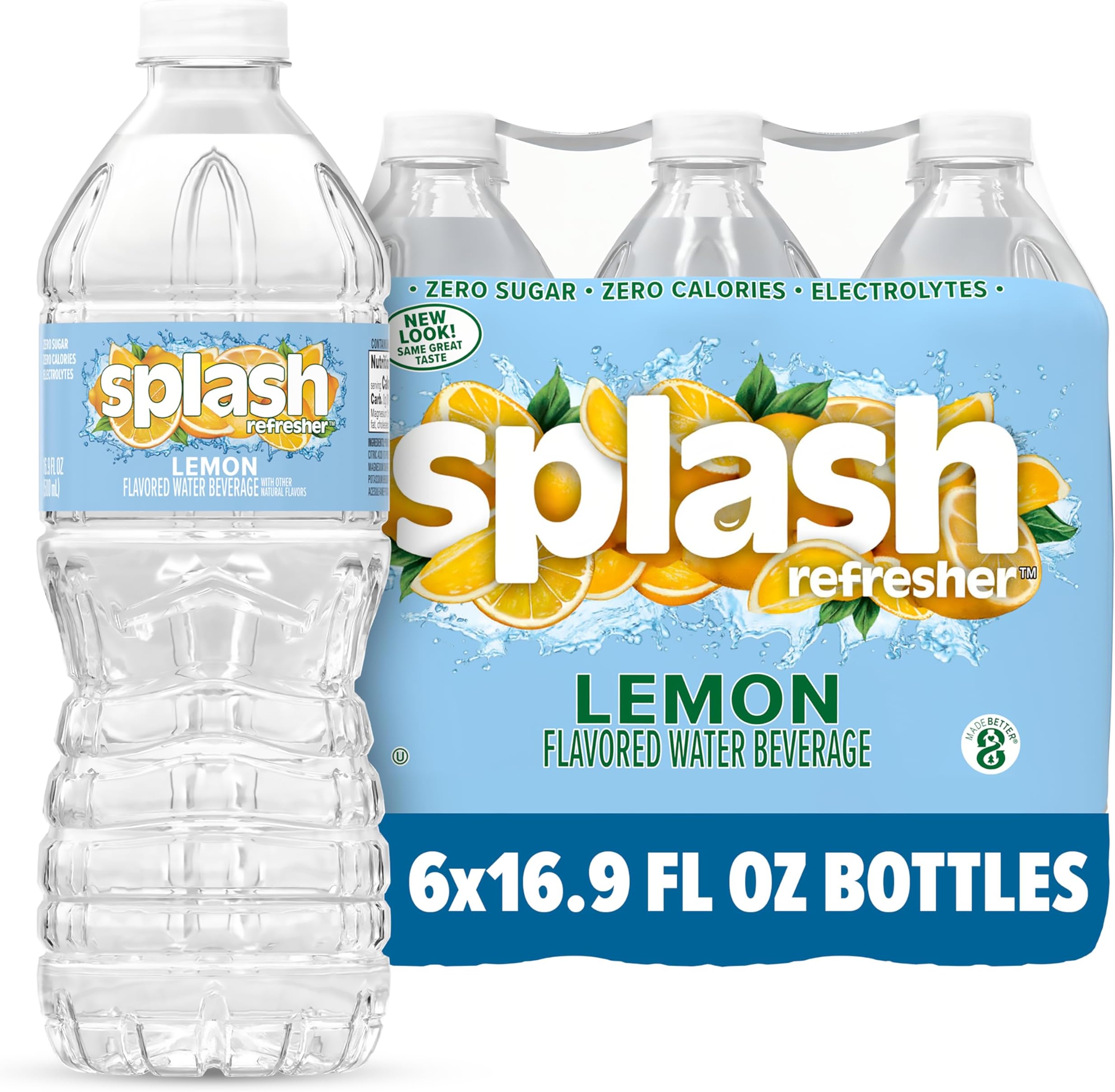 Splash Refresher Flavored Water Bottles, Lemon Flavor - 6-Pack, 16.9 Fl Oz - Refreshing Flavored Bottled Water with Electrolytes - Zero Sugar & Zero Calories