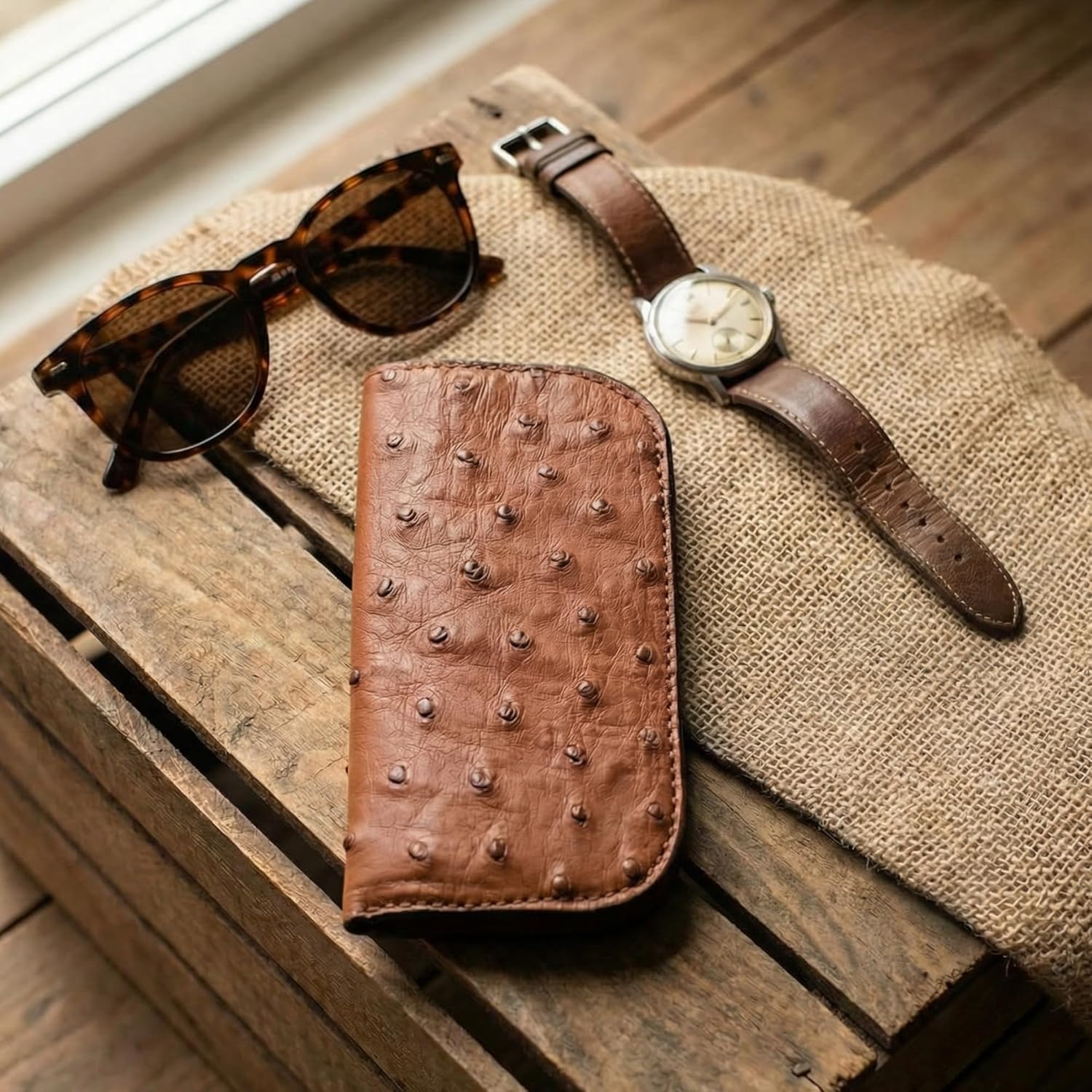 Yoder Leather Company Genuine Ostrich Leather Eyeglasses Case, Soft Sunglasses Pouch, Glasses Holder