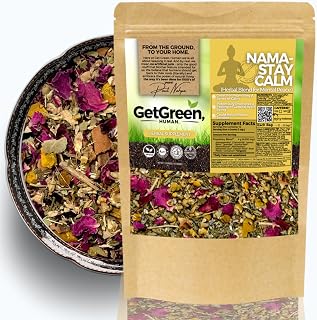 Relax and Calm Down Loose Leaf Tea w/ Ashwagandha, Chamomile, Lemon Balm | Organic Herbal Tea | 2 oz (57 gram) | Decaf, Vegan, Healthy, ZERO Caffeine, Organic, Herbs, No Natural or Artificial Flavors, Resealable Bag | Nama Stay Calm by Get Green, Human
