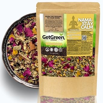 Relax and Calm Down Loose Leaf Tea w/ Ashwagandha, Chamomile, Lemon Balm | Organic Herbal Tea | 2 oz 57 gram | Decaf, Vegan, Healthy, ZERO Caffeine, Organic, Herbs, No Natural or Artificial Flavors, Resealable Bag | Nama Stay Calm by Get Green, Human