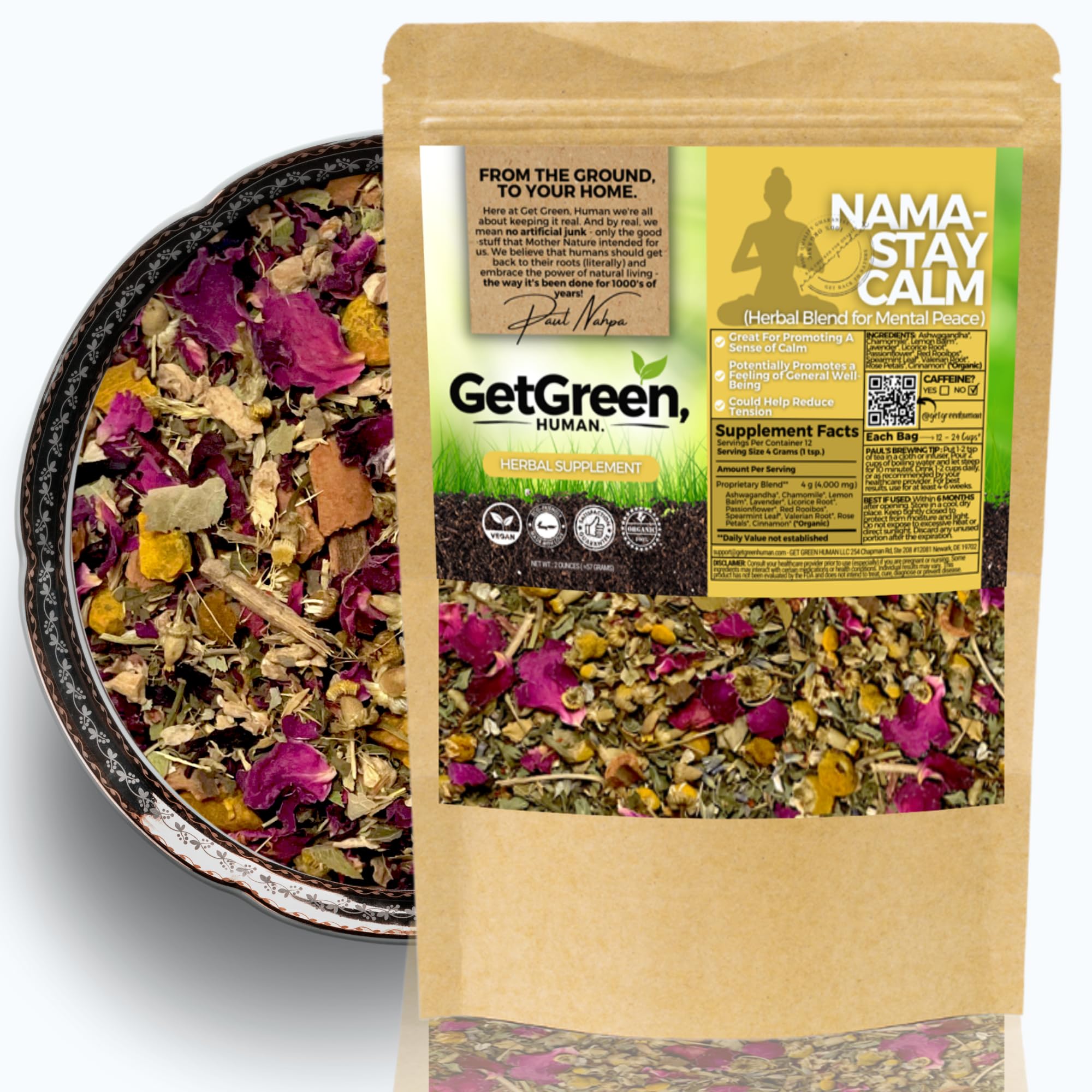 Relax and Calm Down Loose Leaf Tea w/ Ashwagandha, Chamomile, Lemon Balm | Organic Herbal Tea | 2 oz (57 gram) | Decaf, Vegan, Healthy, ZERO Caffeine, Organic, Herbs, No Natural or Artificial Flavors, Resealable Bag | Nama Stay Calm by Get Green, Human