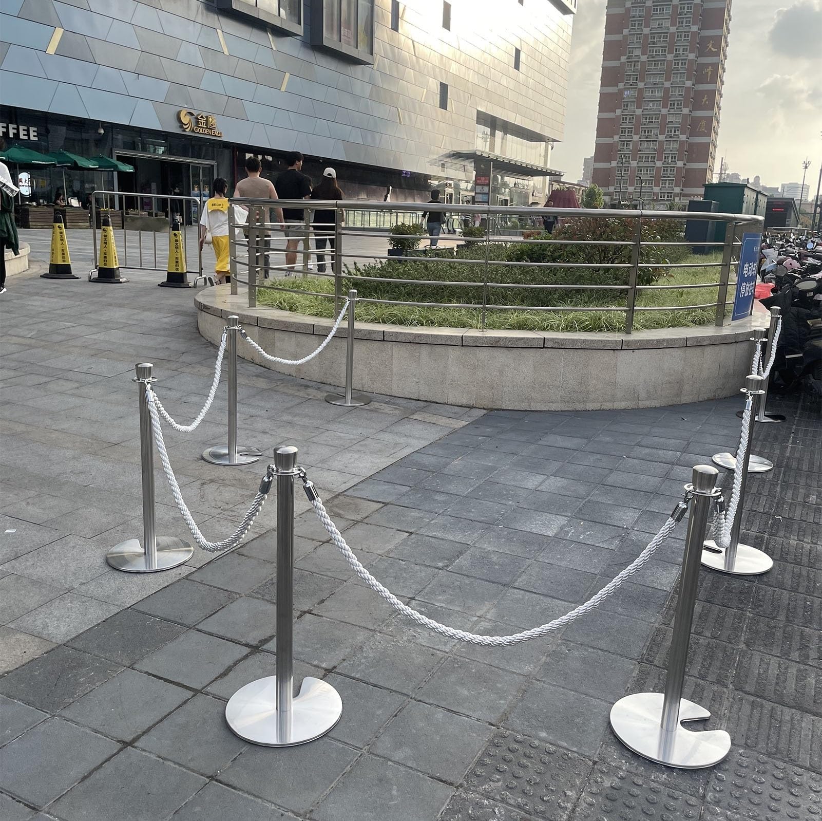 3 postes de cuerda trenzada blanca con mosquetones (0,6-3,05 m) for control de multitudes en eventos y recintos.(Silver Hook,210cm)