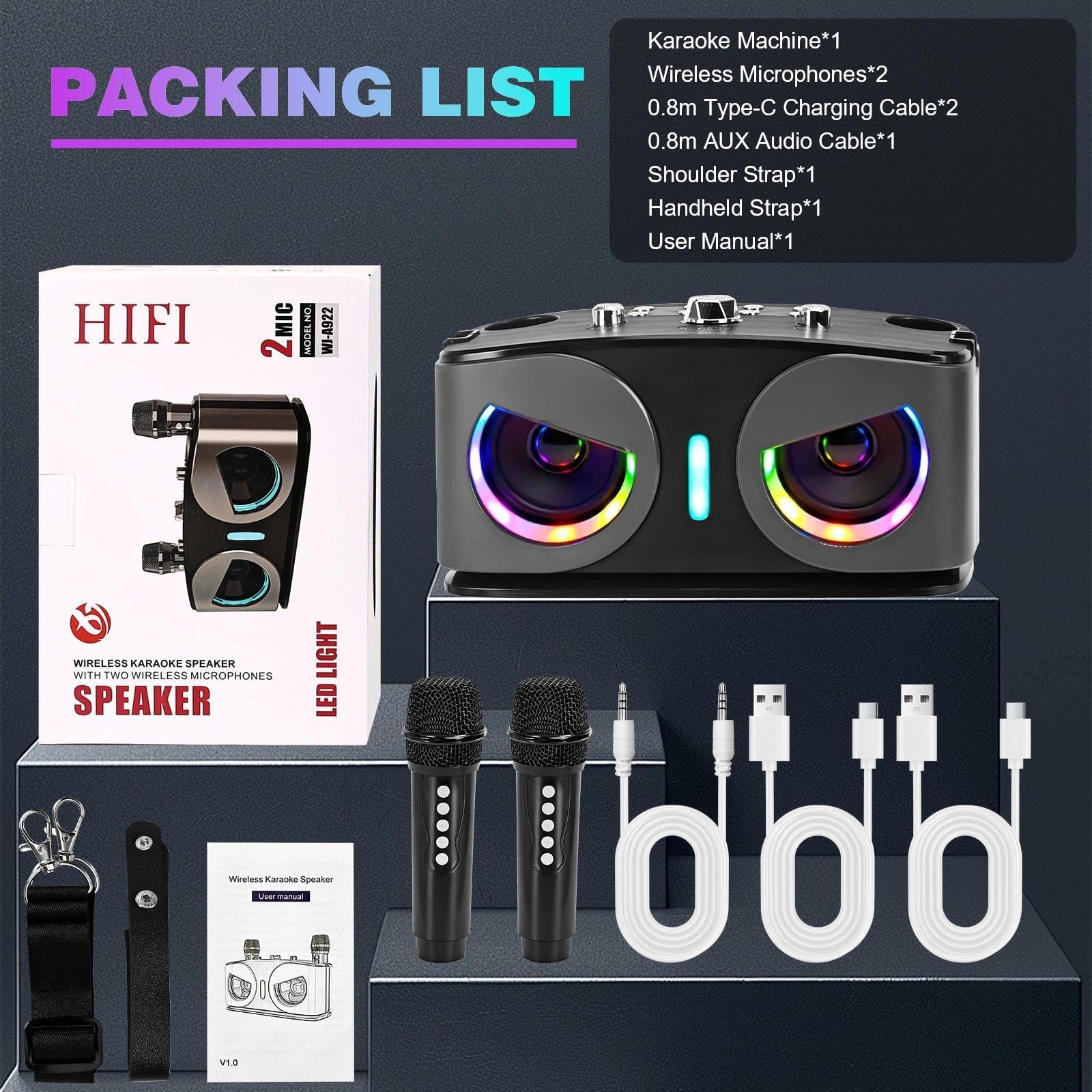 Tragbare Karaoke Maschine, Karaoke mit 5.3 Bluetooth Lautsprecher | Mit 2 kabellose Mikrofone, LED-Lichter, Radio USB TF Karte AUX Port, Lautsprechersystem