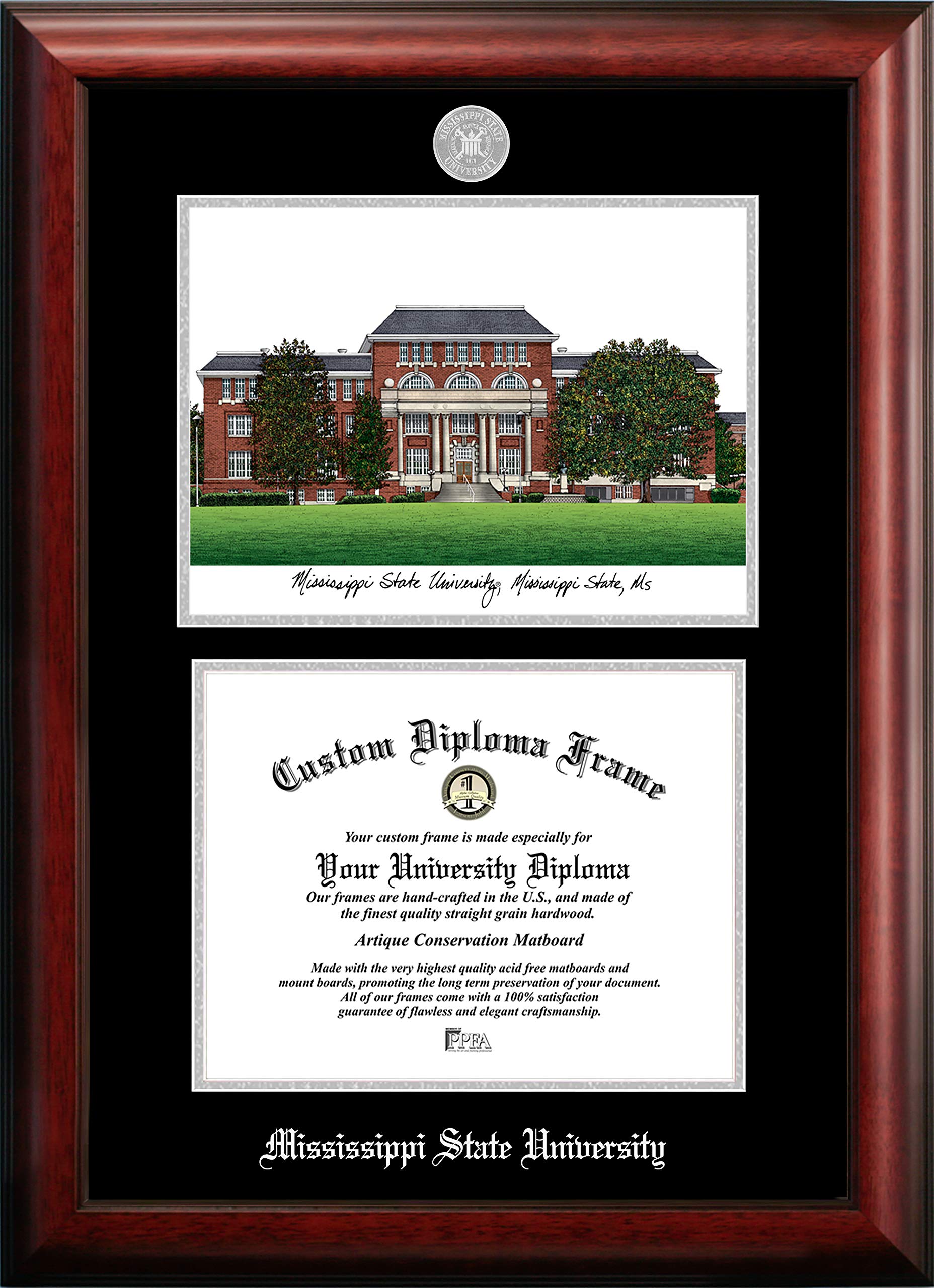 NCAA Mississippi State Bulldogs Unisex Silver Medallion Frame Mississippi State University 11w x 8.5hSilver Embossed Diploma Frame with Campus Images Lithograph, Brown, One Size