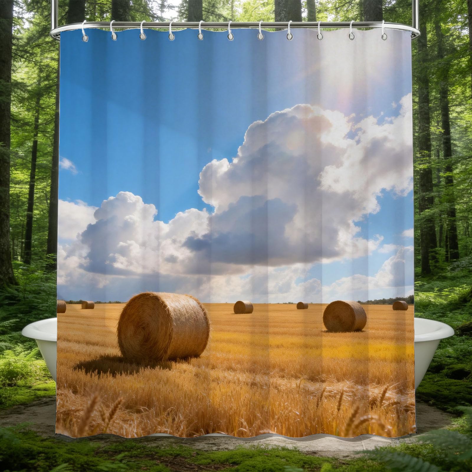 Hongduo White 3D Wheat Field Shower Curtain For Stalls Bathtubs Blue Sky And Snowy Clouds Bathroom Decor Shower Curtain Set Polyester Fabric Waterproof 200X200cm/79X79 Inch With Hooks