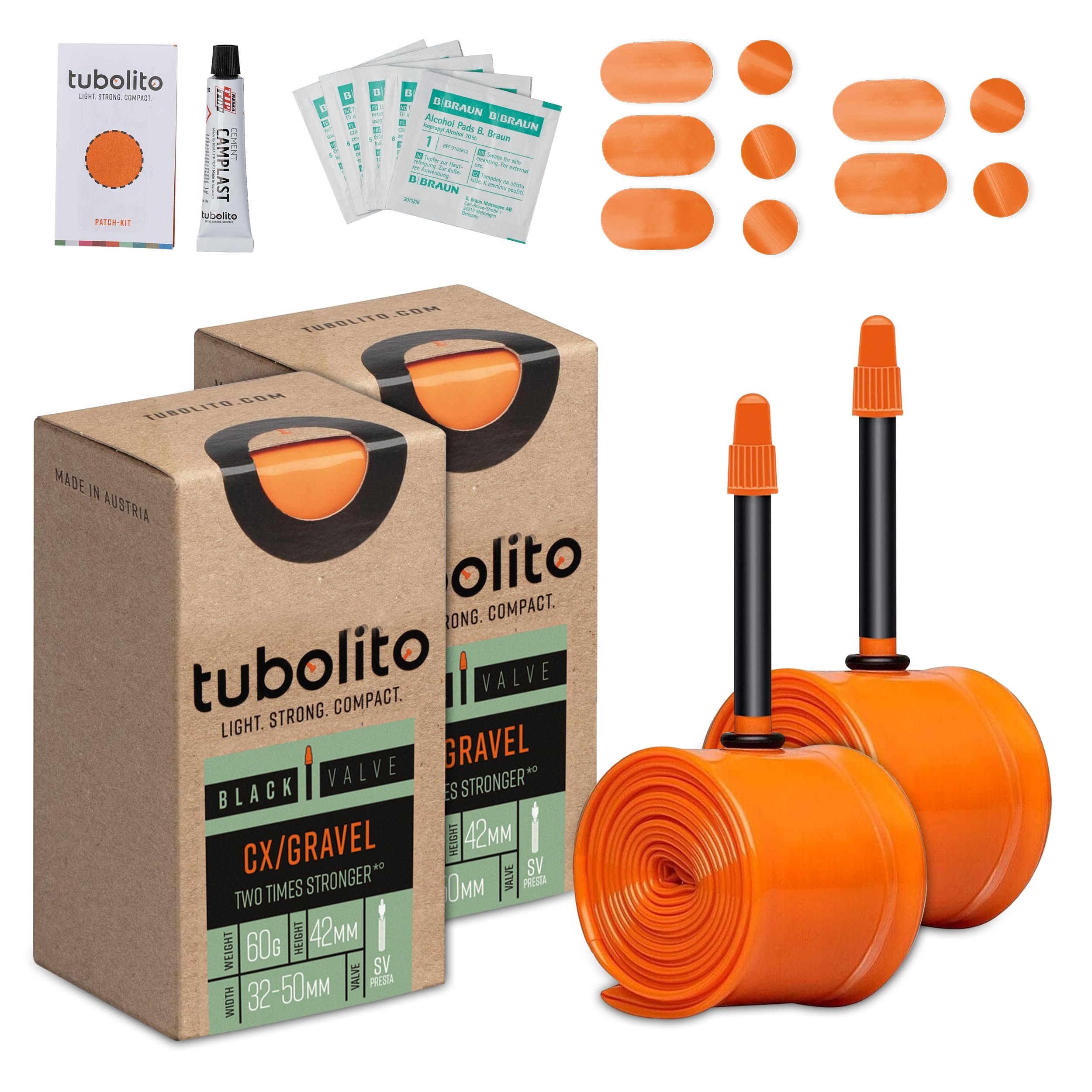 Tubolito CX/Gravel 700C x 32-50 mm, 2 unidades, válvula Presta de 42 mm, ligera, fuerte y compacta, compatibilidad de llanta y freno de disco (700 x 32-50 mm, válvula Presta negra de 42 mm)