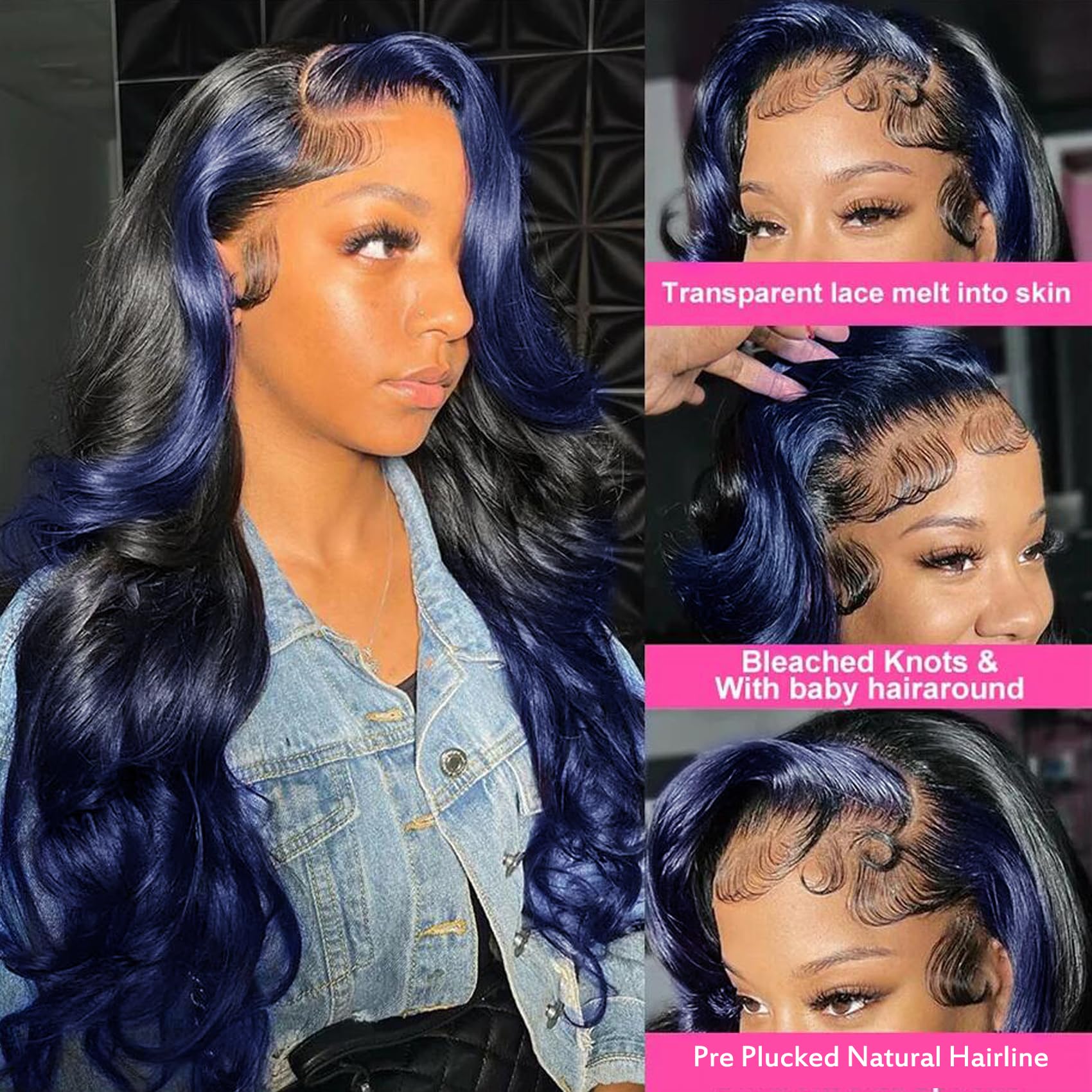Amazon.com : YMS Ombre Blue Human Hair Wig, 180% Density 