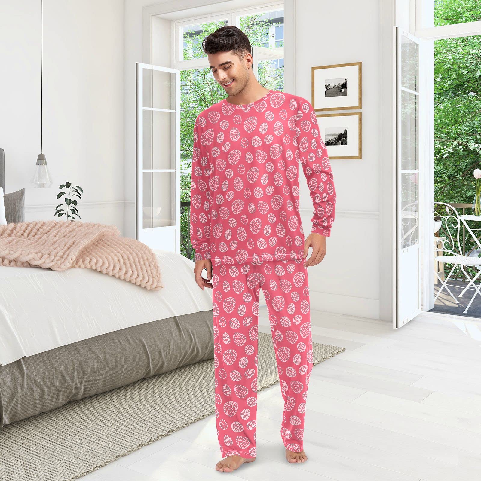 JUNZAN Pisanki jajka różowa piżama dla kobiet długi rękaw top i dół bielizna nocna zestaw para bielizna nocna, Easter Eggs Pink, XL