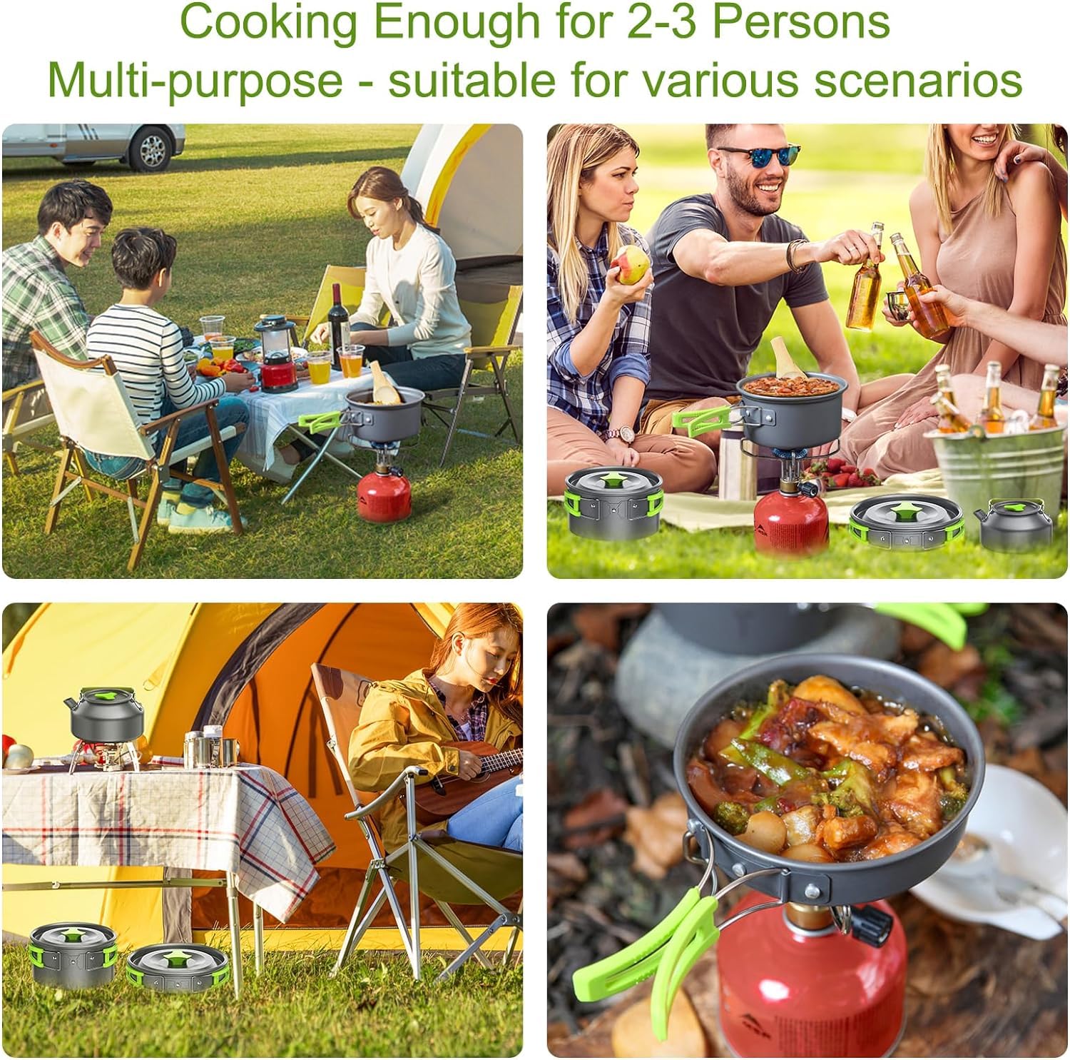 Set Pentole da Campeggio,2-3 Persone Set Stoviglie Campeggio,Portatile Ultraleggero 14-in-1 Kit Camping Cookware con Padelle Piatti Ciotole per Cucina per Barbecue,Campeggio, Arrampicata,Trekking