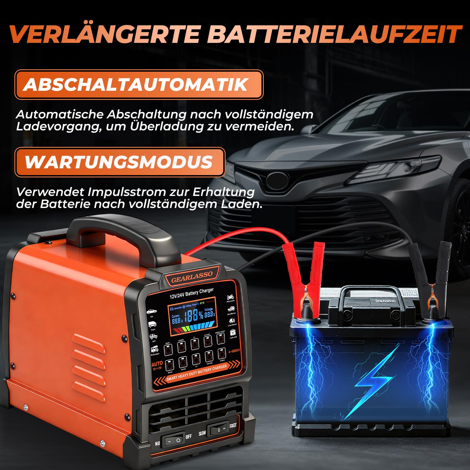 12V 24V Autobatterie Ladegerät, 0-15A Batterie-Erhaltungsgerät mit automatischer Abschaltung, 10 Lademodi inkl. CV/CC- & Strong-Modus, Smart Erhaltungs-Ladegerät für Auto, LKW, Motorrad, RV