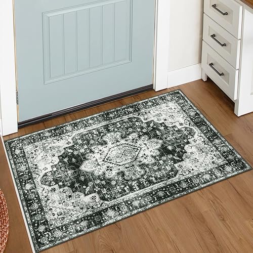 Moynesa Alfombra pequeña lavable de 2 x 3 para puerta delantera, antideslizante en blanco y negro, alfombra de pelo bajo para cocina con parte