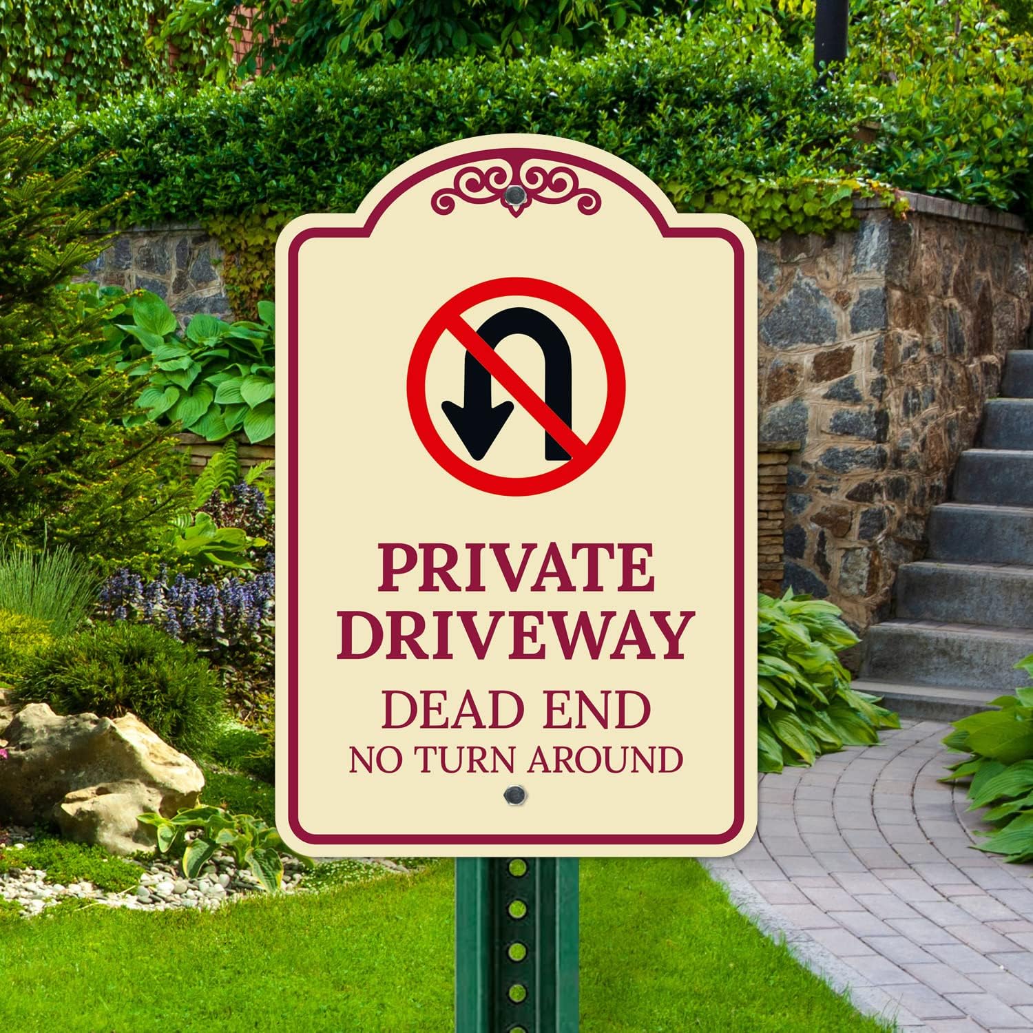 Private Driveway Dead End No Turn Around Décor Sign, Burgundy Light, 12x18 Inches, ACM, Fade Resistant, Made in USA