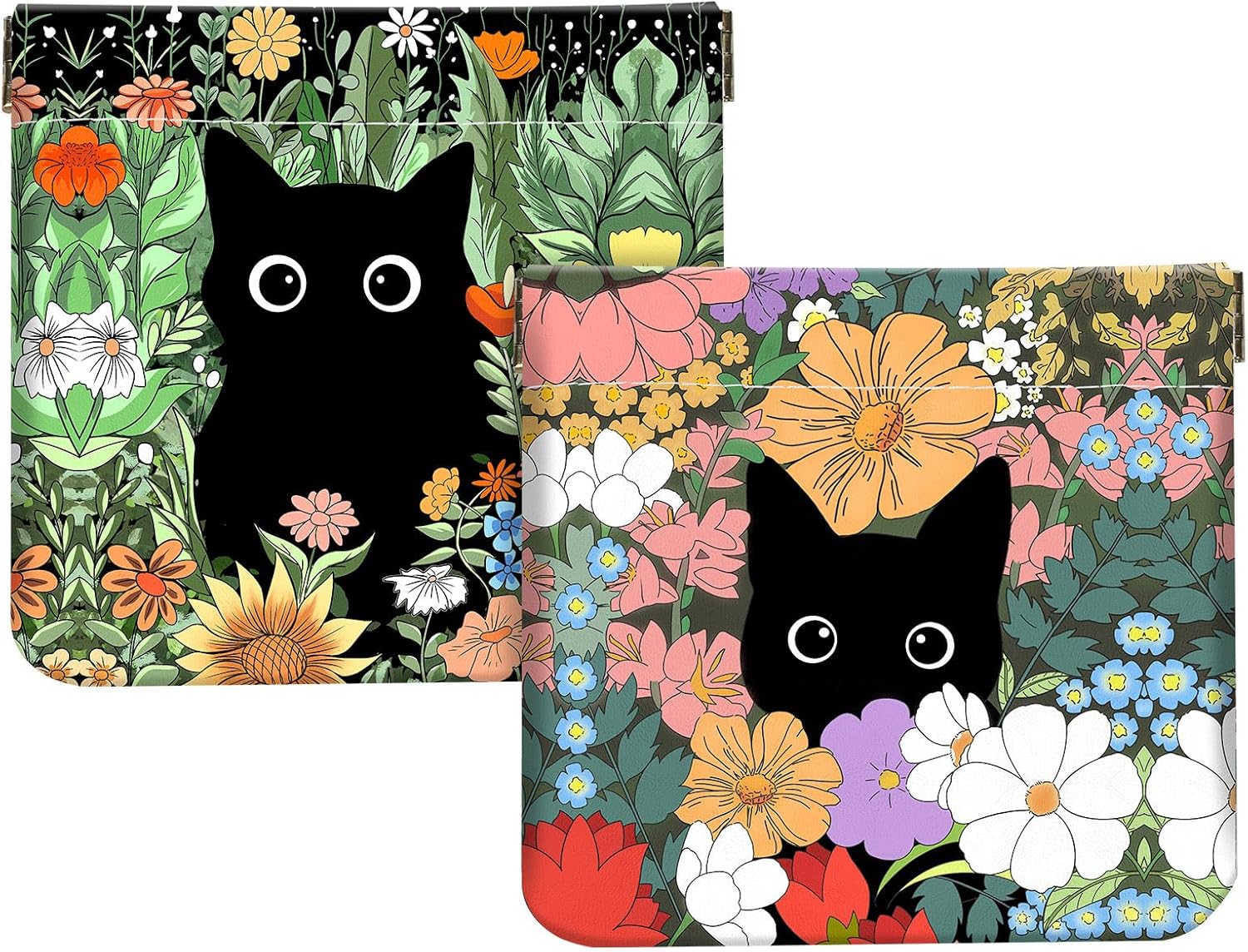 2Pcs PU Leather Small Squeeze Coin Purse Pouch Mini coin Bag Unique And Cute Wallet Cosmetic Bags Change Bag For Women Girls Men Flower And Cat