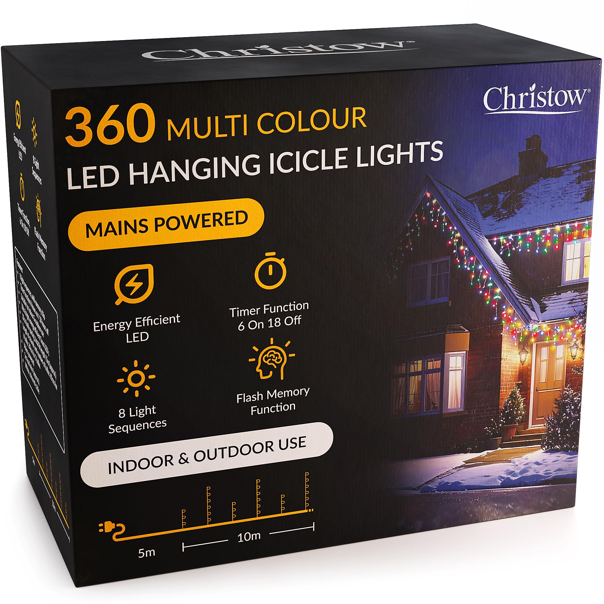 Christow Multi Coloured Hanging Icicle Christmas Lights, 360 Led, 10M Lit Length, Indoor & Outdoor, Mains Powered With Timer, 8 Flash Lighting Modes With Memory, Fairy String Light Xmas Decorations
