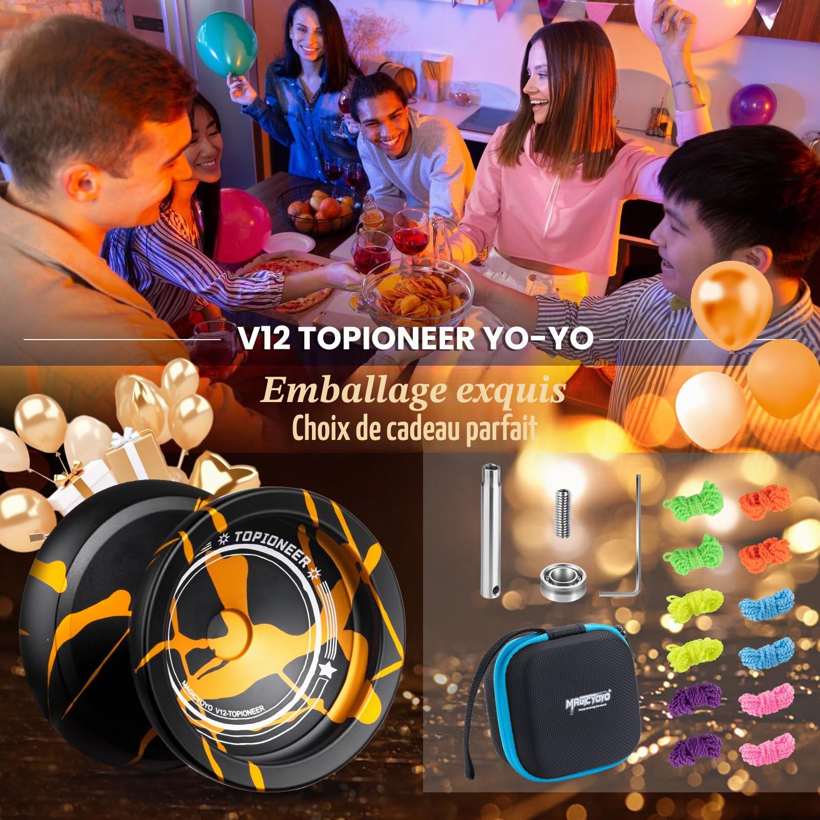 MAGICYOYO V12 Yoyo Yoyo professionnel pour débutants et avancés, double yo-yo en métal réactif et non réactif, yo-yo robuste en alliage d'aluminium, kit de roulement Yoyo inclus