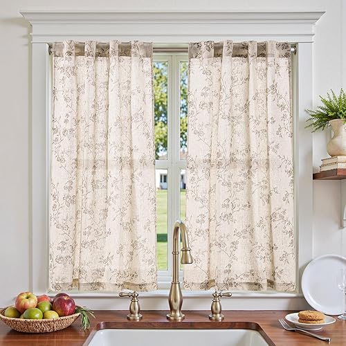 jinchan Floral Kitchen Curtains 45 Inch Linen Tier Curtains Farmhouse Cafe Half Window Drapes for Small Windows Light Filtering Taupe on Beige for Living Room Bathroom Back Tab 2 Panels