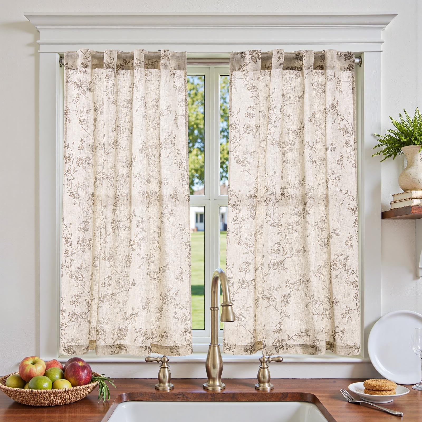 Photo 1 of jinchan Floral Kitchen Curtains 45 Inch Linen Tier Curtains Farmhouse Cafe Half Window Drapes for Small Windows Light Filtering Taupe on Beige for Living Room Bathroom Back Tab 2 Panels