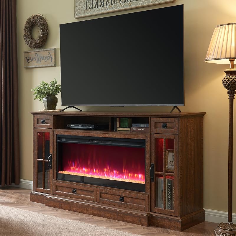 OKD 70" Farmhouse Fireplace TV Stand for 80 Inch TV, Reclaimed Barnwood