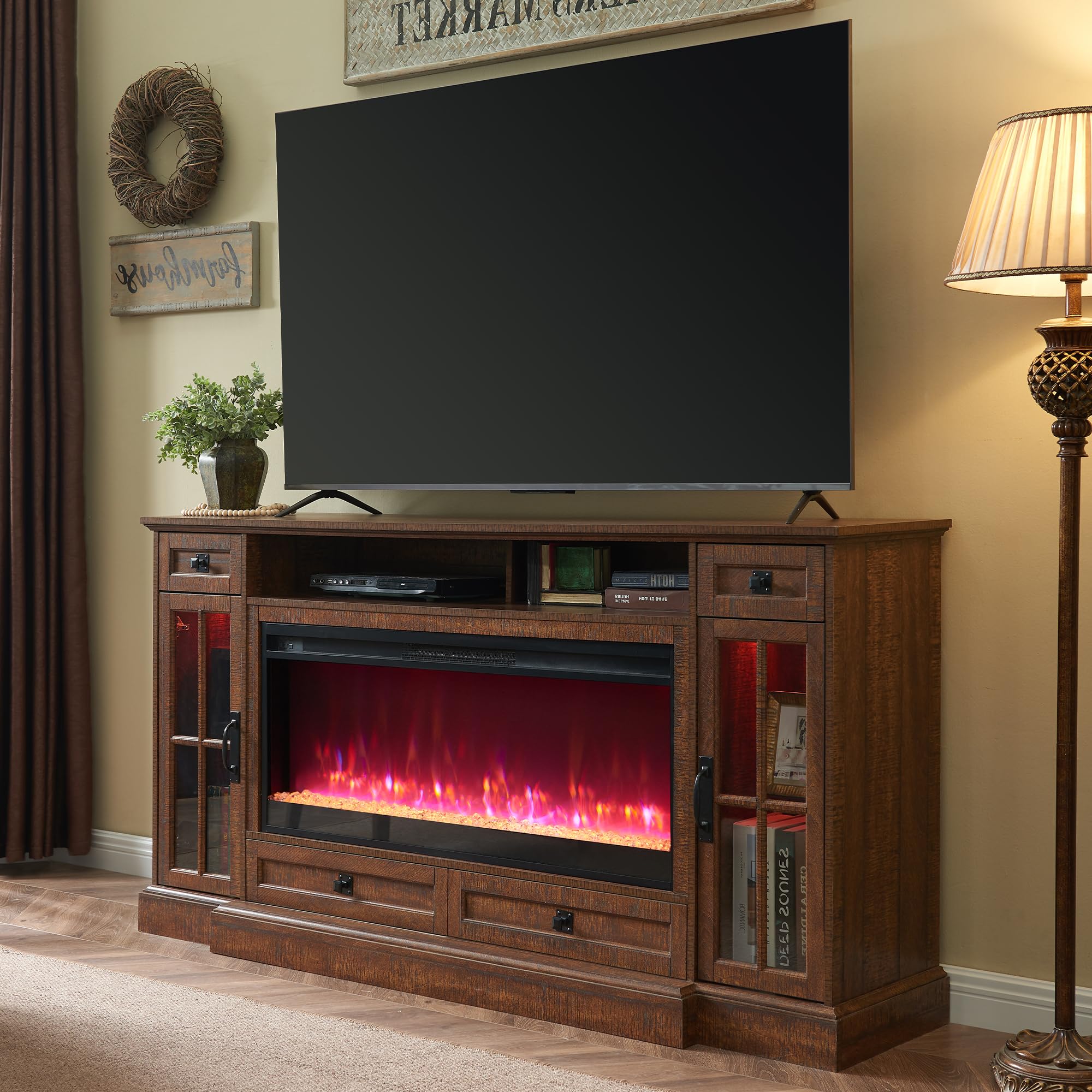 okd fireplace tv stand for 80 inch tv, farmhouse entertainment center with 42" fireplace & led lights, modern media console table with storage drawers & cabinets for living room, reclaimed barnwood