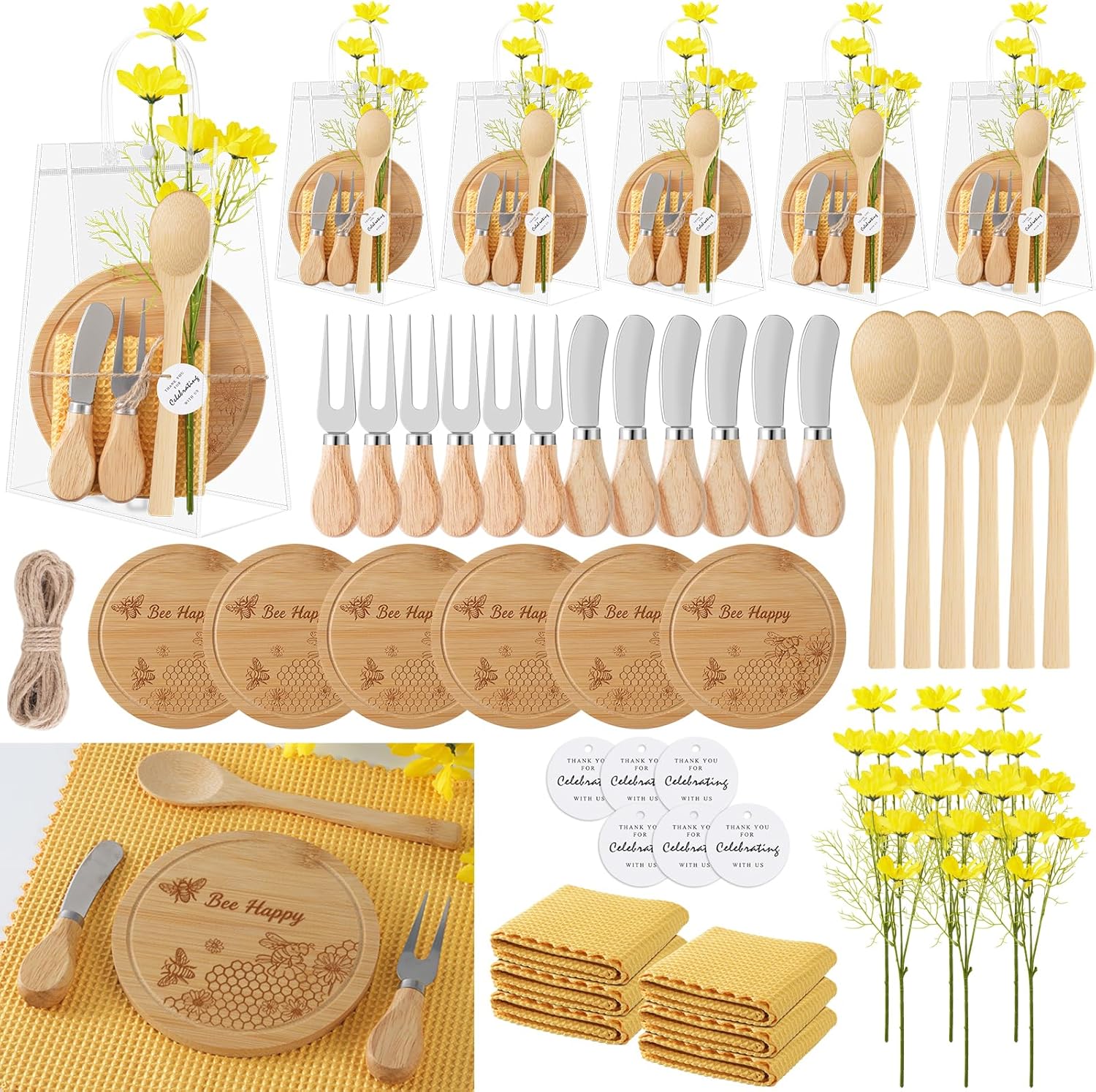 6 Sets Bee Baby Shower Prizes for Game Winners, Round Bamboo Cheese Board Gift Set with Yellow Daisy Towel Tag for Bridal Shower Wedding Guest Favors